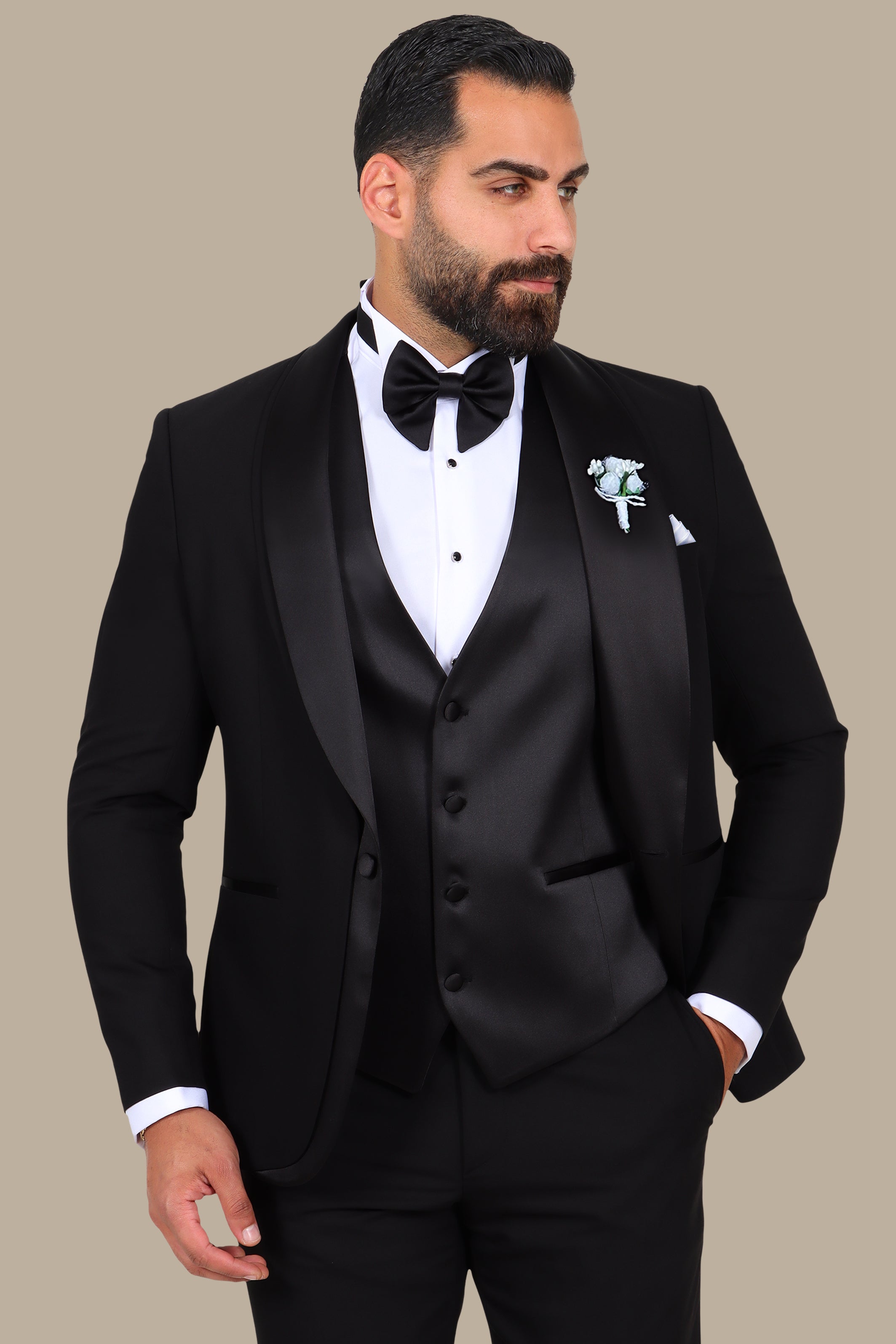 Black 4-Piece Tuxedo with Double Shawl Collar and Satin Trim