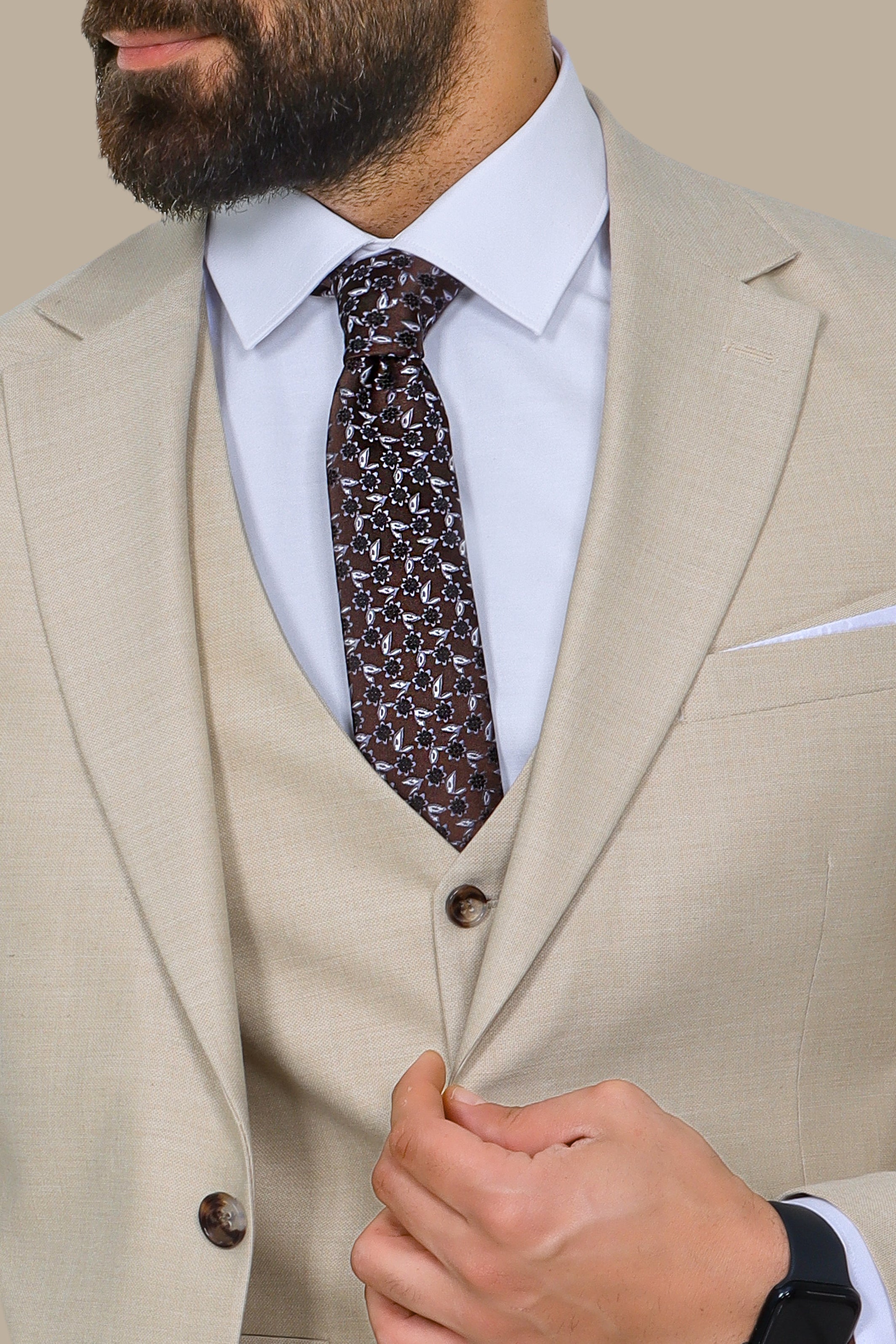 Beige Fila-Fil 3-Piece Suit with Patch Lapel