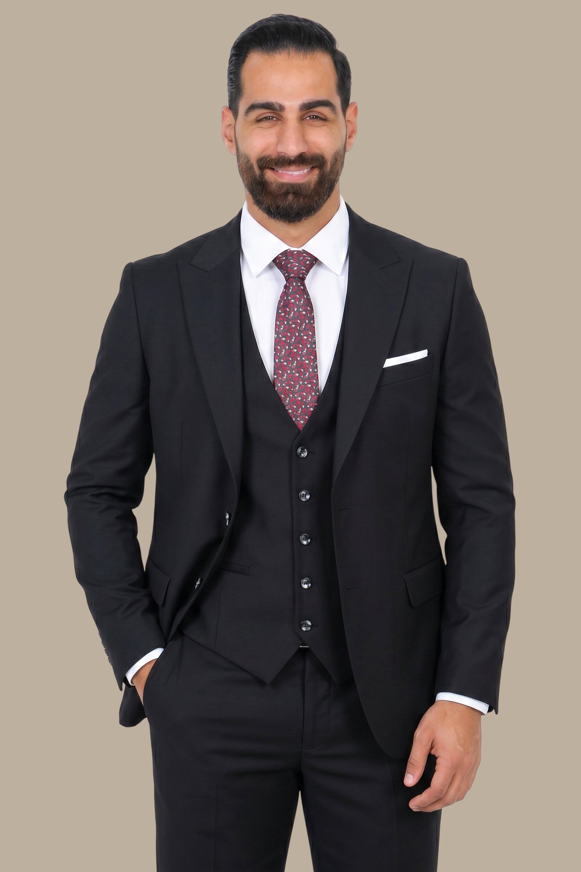 Black 3-Piece Slim Peak Lapel Suit