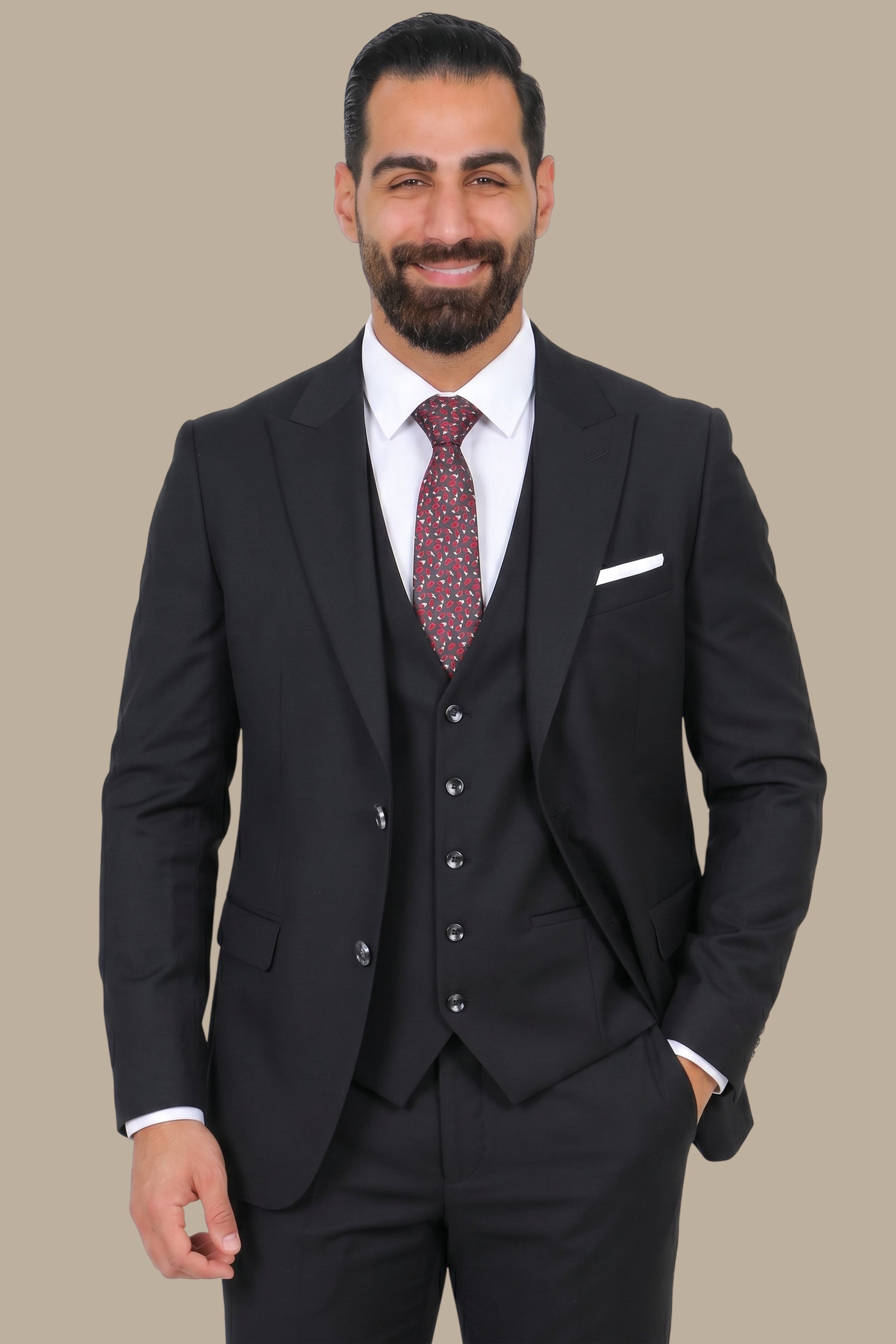 Black 3-Piece Slim Peak Lapel Suit