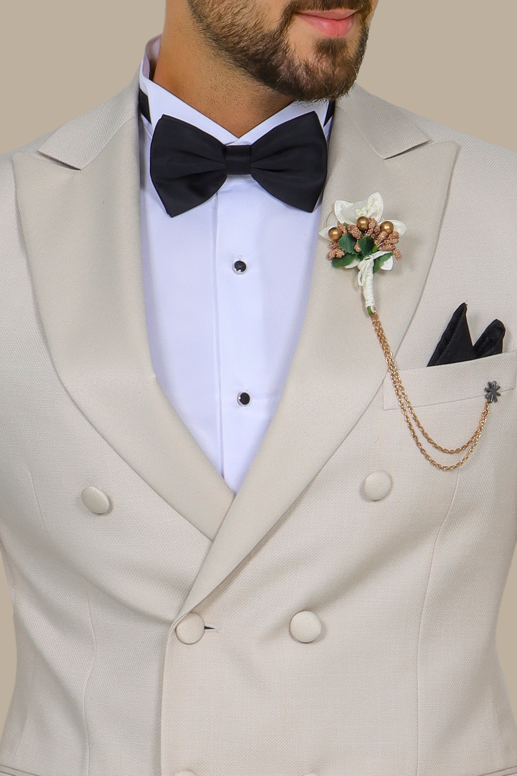 Beige Double-Breasted Tuxedo Piquet – 2-Piece Set