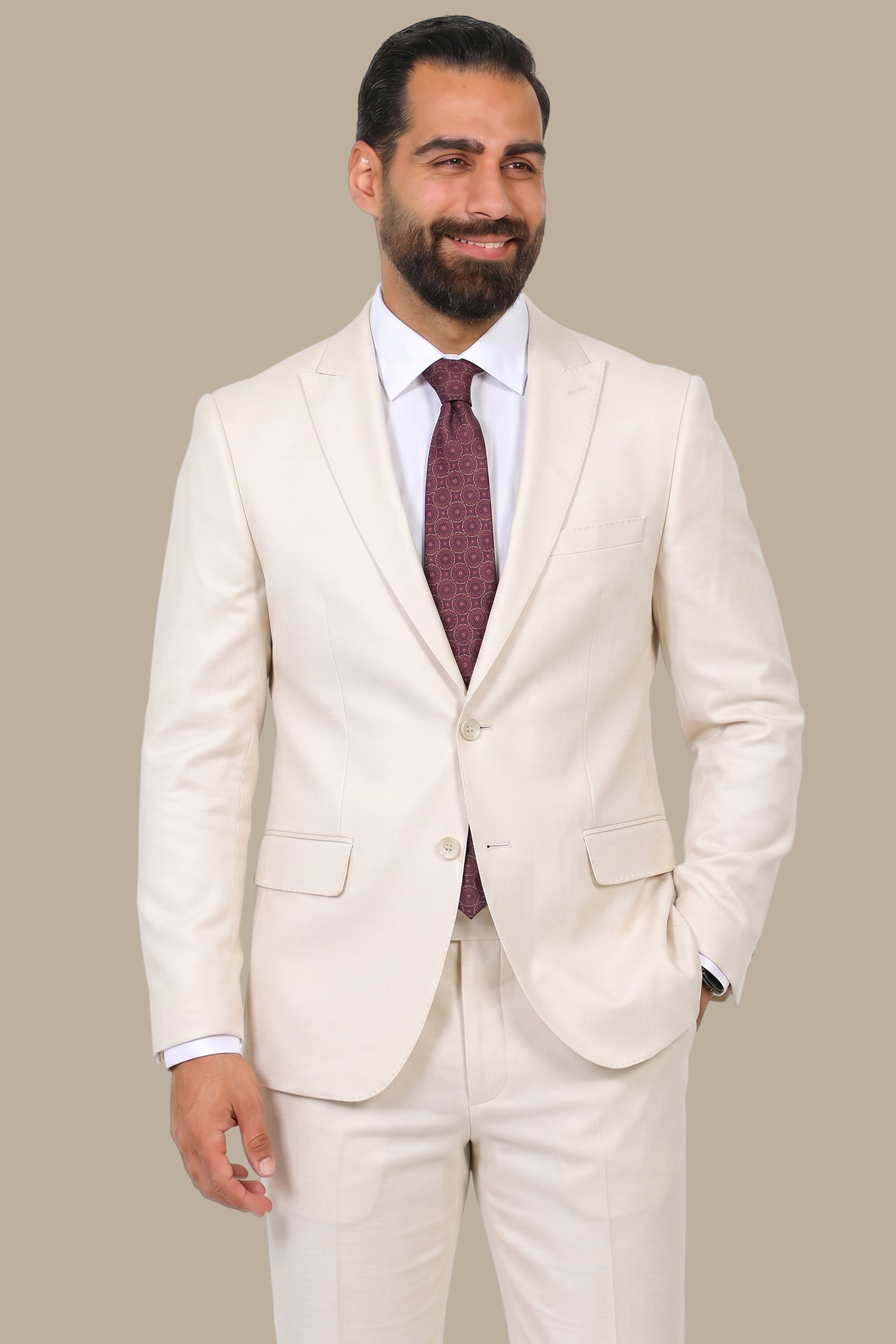 Light Beige Pique 2-Piece Suit with Peak Lapel