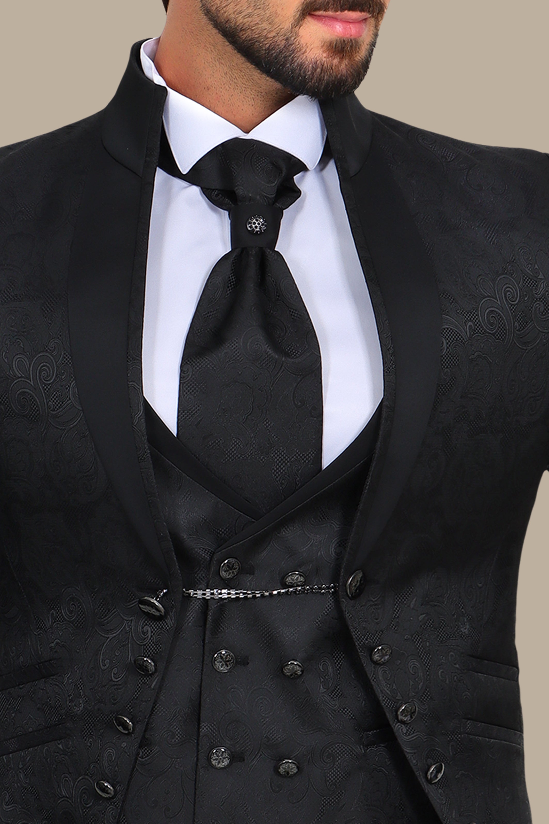 Black Mao Collar Tuxedo 4pcs Cashmere Jacquard Bord à Bord