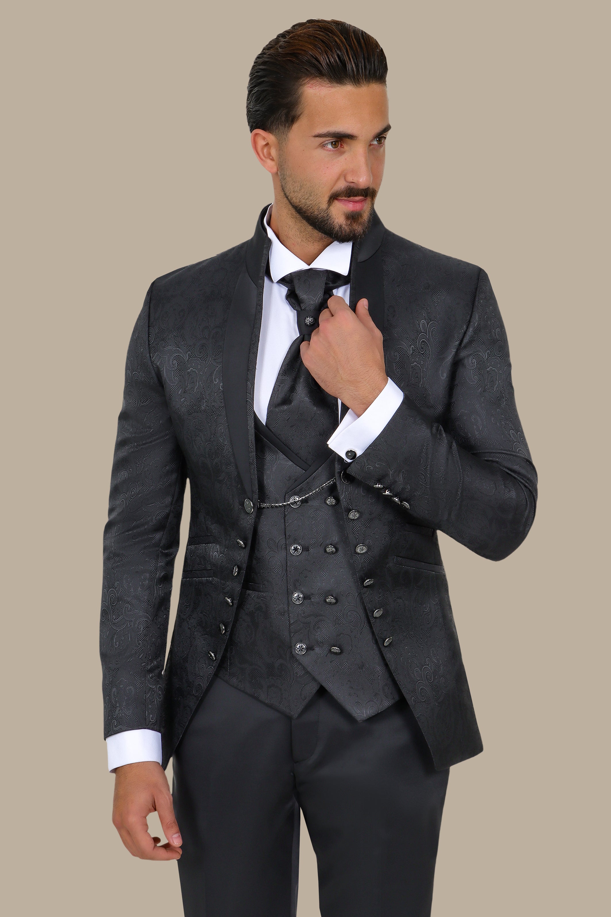 Black Mao Collar Tuxedo 4pcs Cashmere Jacquard Bord à Bord