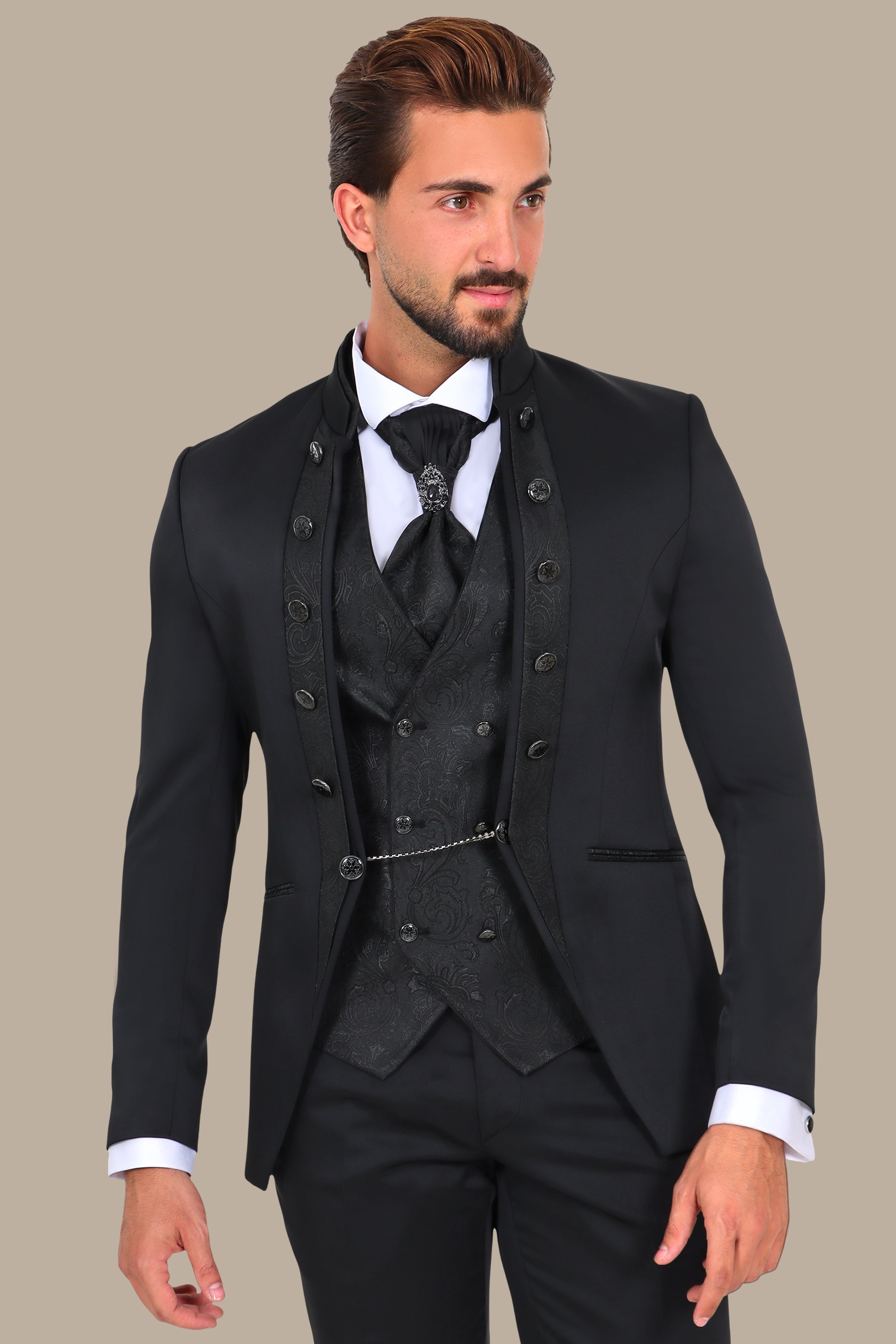 Black Mao Collar Tuxedo 4pcs Jacquard Line