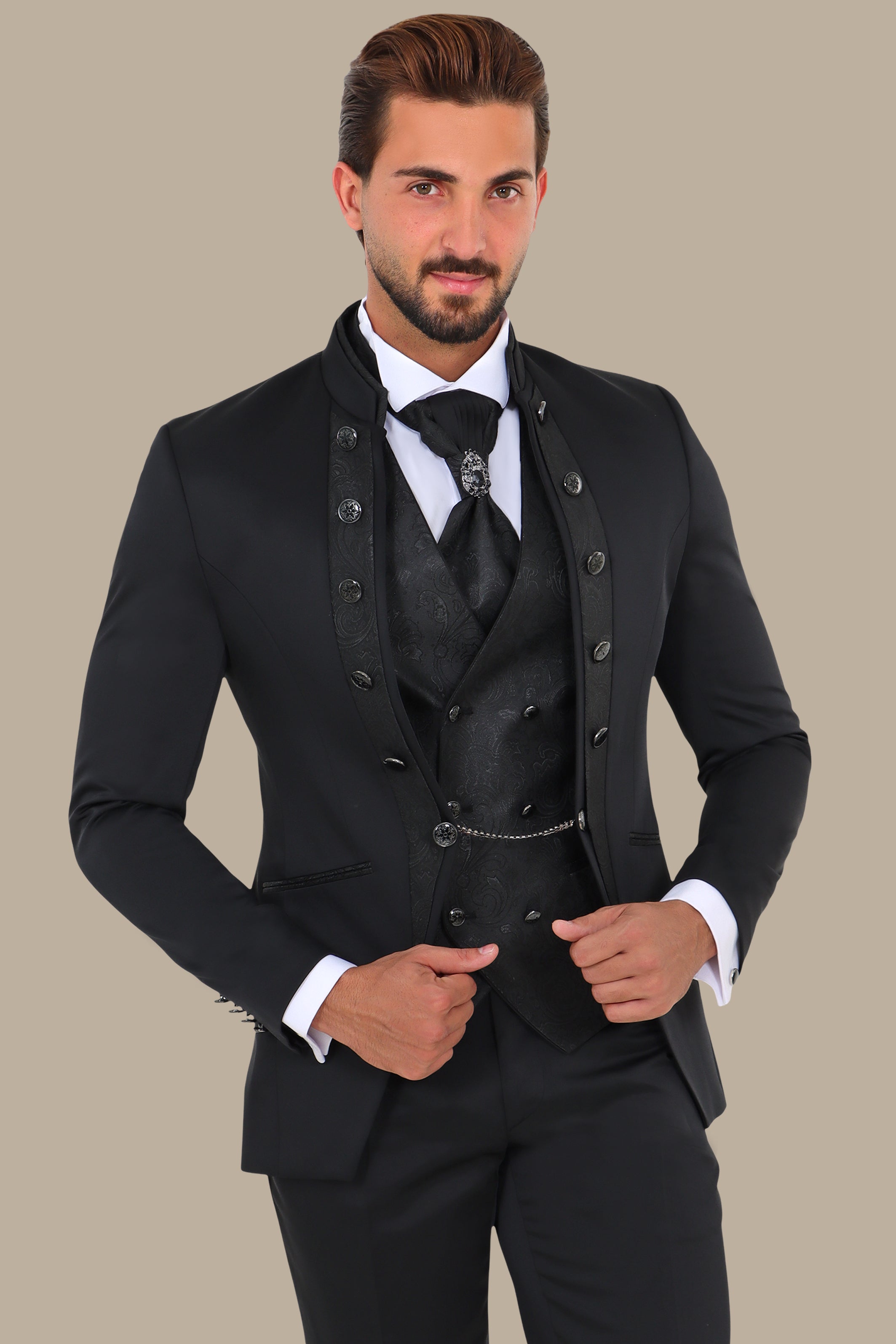 Black Mao Collar Tuxedo 4pcs Jacquard Line
