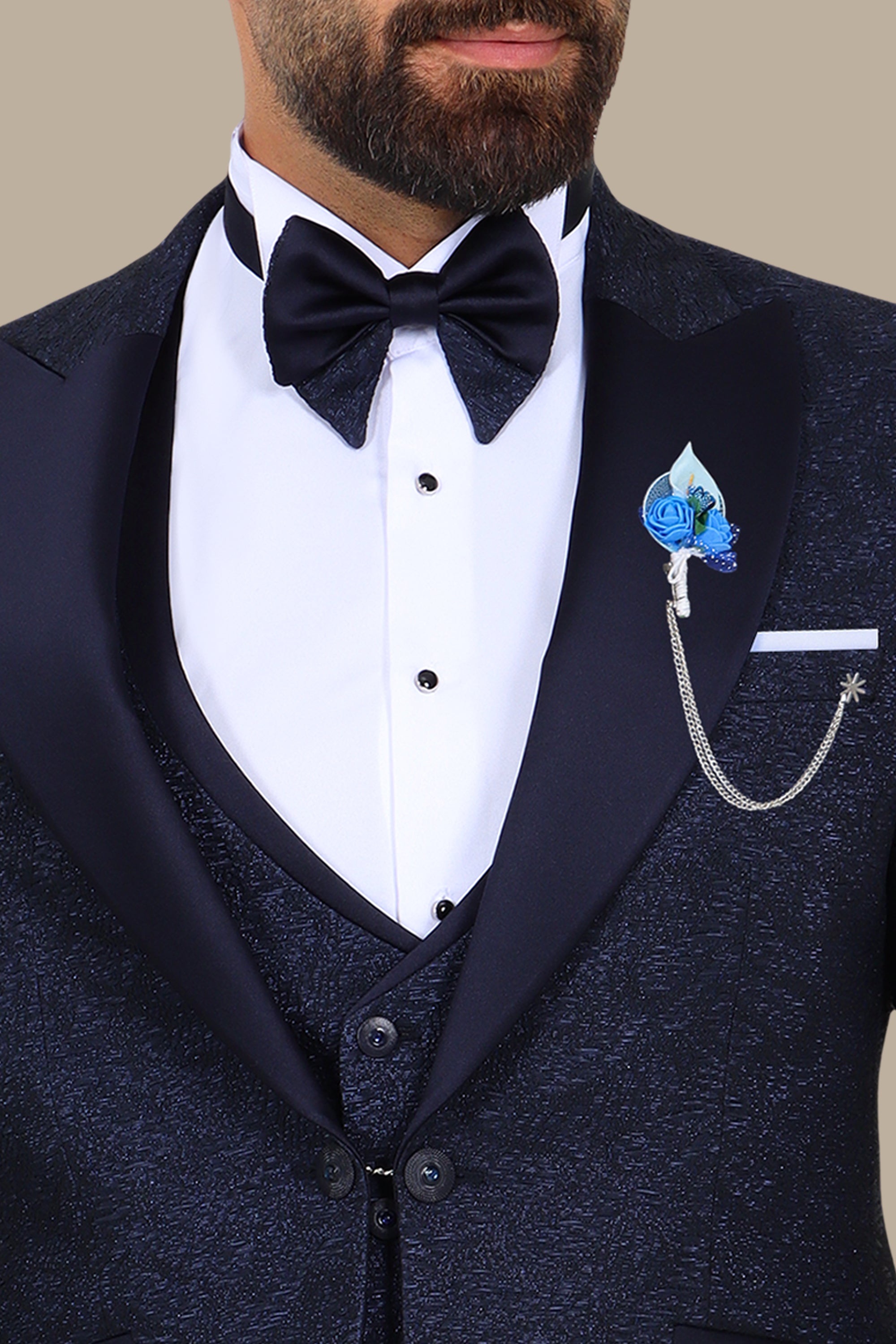 Navy Jacquard 4-Piece Peak Lapel Tuxedo Set