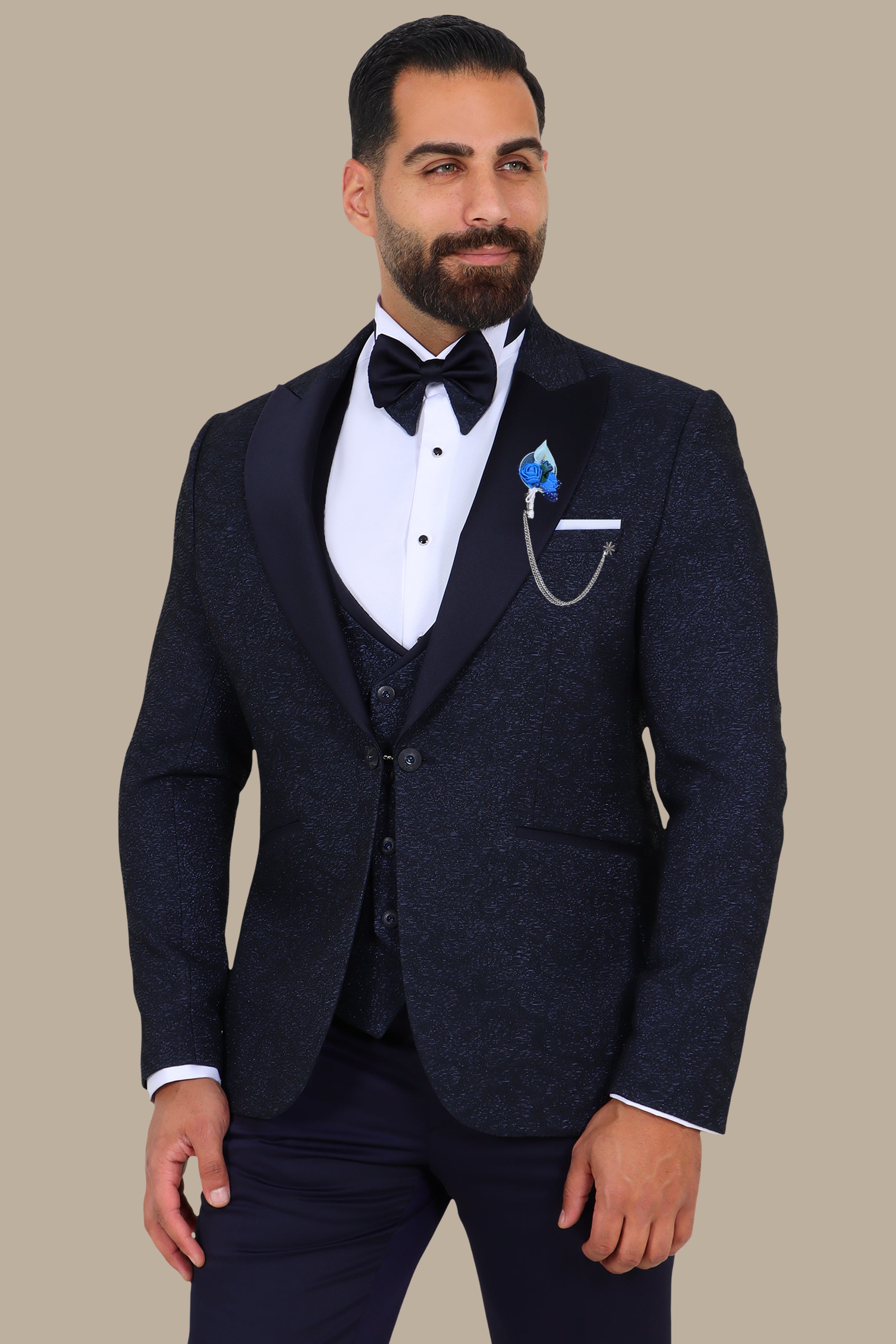 Navy Jacquard 4-Piece Peak Lapel Tuxedo Set
