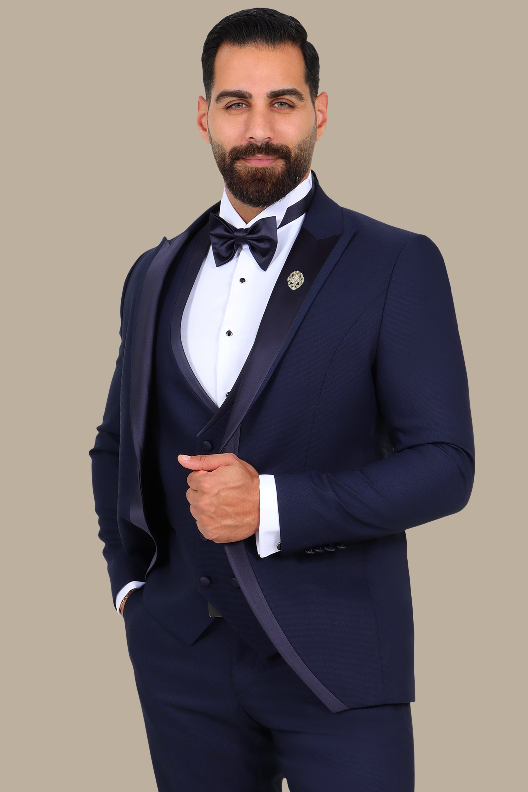 4-Piece Tuxedo Peak Lapel Mid Line Satin Navy