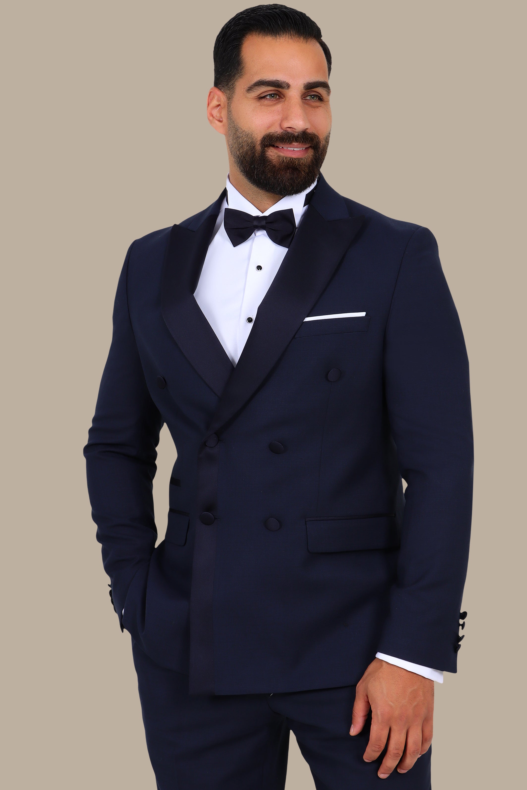 3-Piece Tuxedo Double-Breasted 6-Button Peak Lapel Structured Navy
