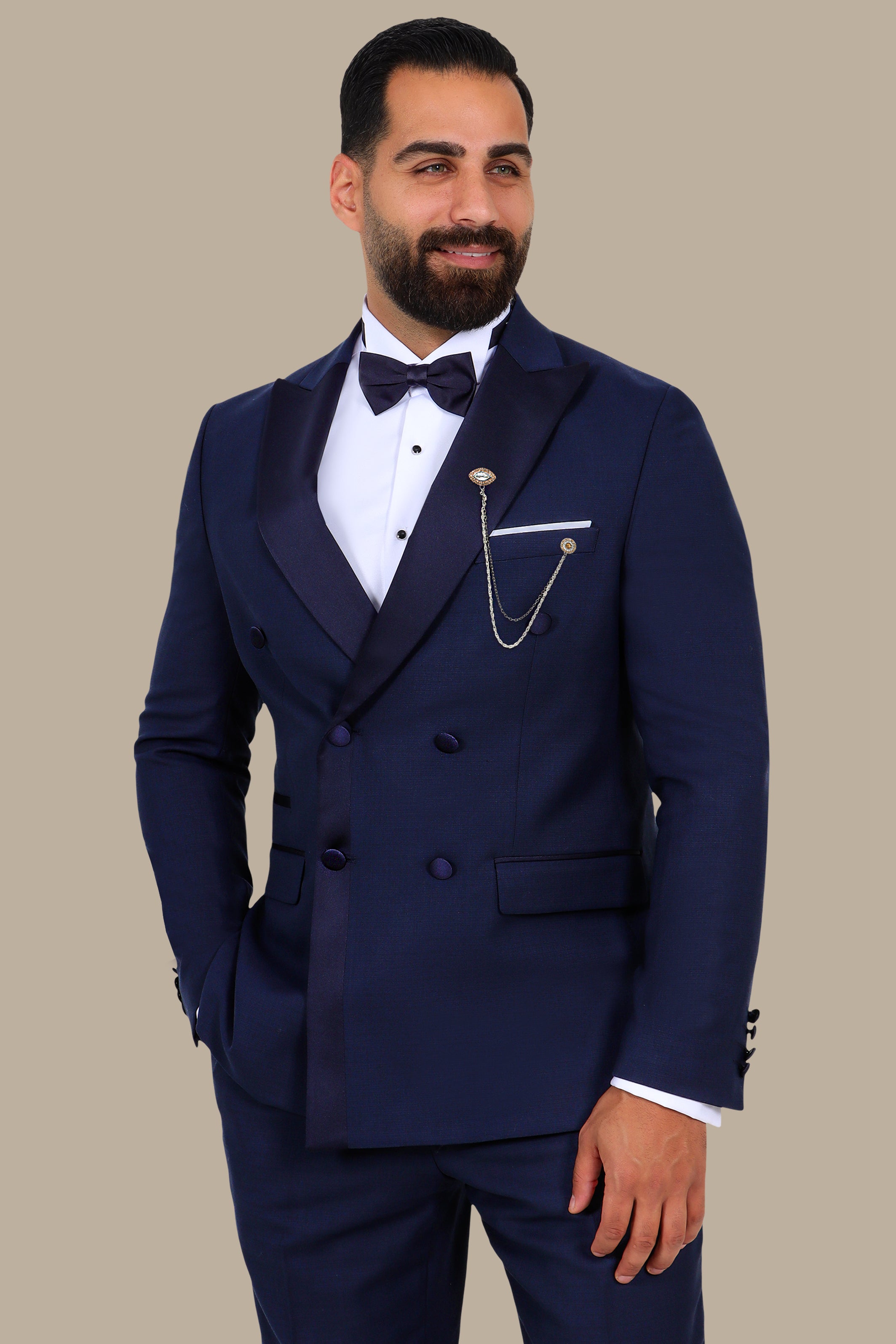 3-Piece Tuxedo Double-Breasted 6-Button Peak Lapel Structured Navy