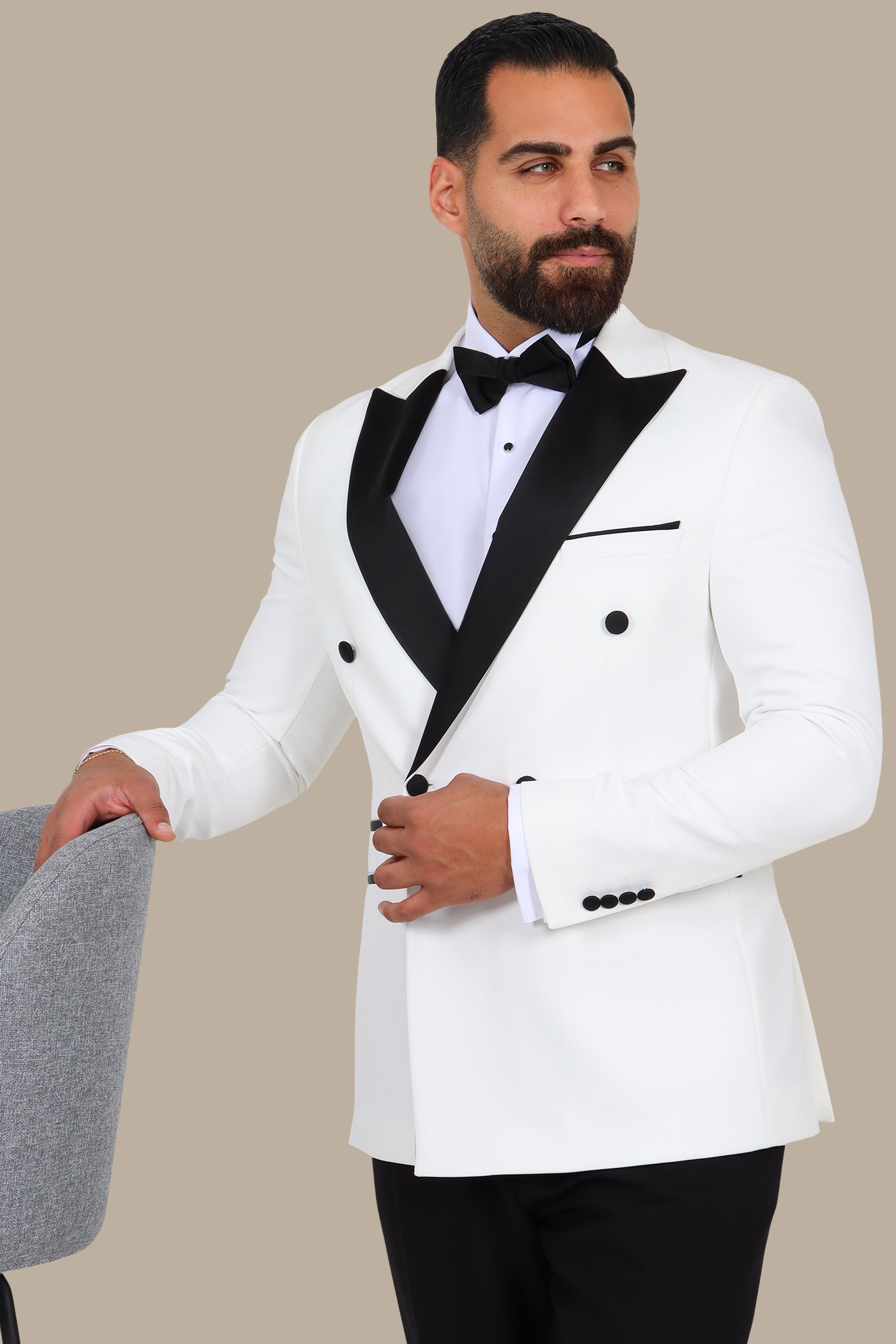 3-Piece Tuxedo Double-Breasted 4-Button Peak Lapel White with Black Satin