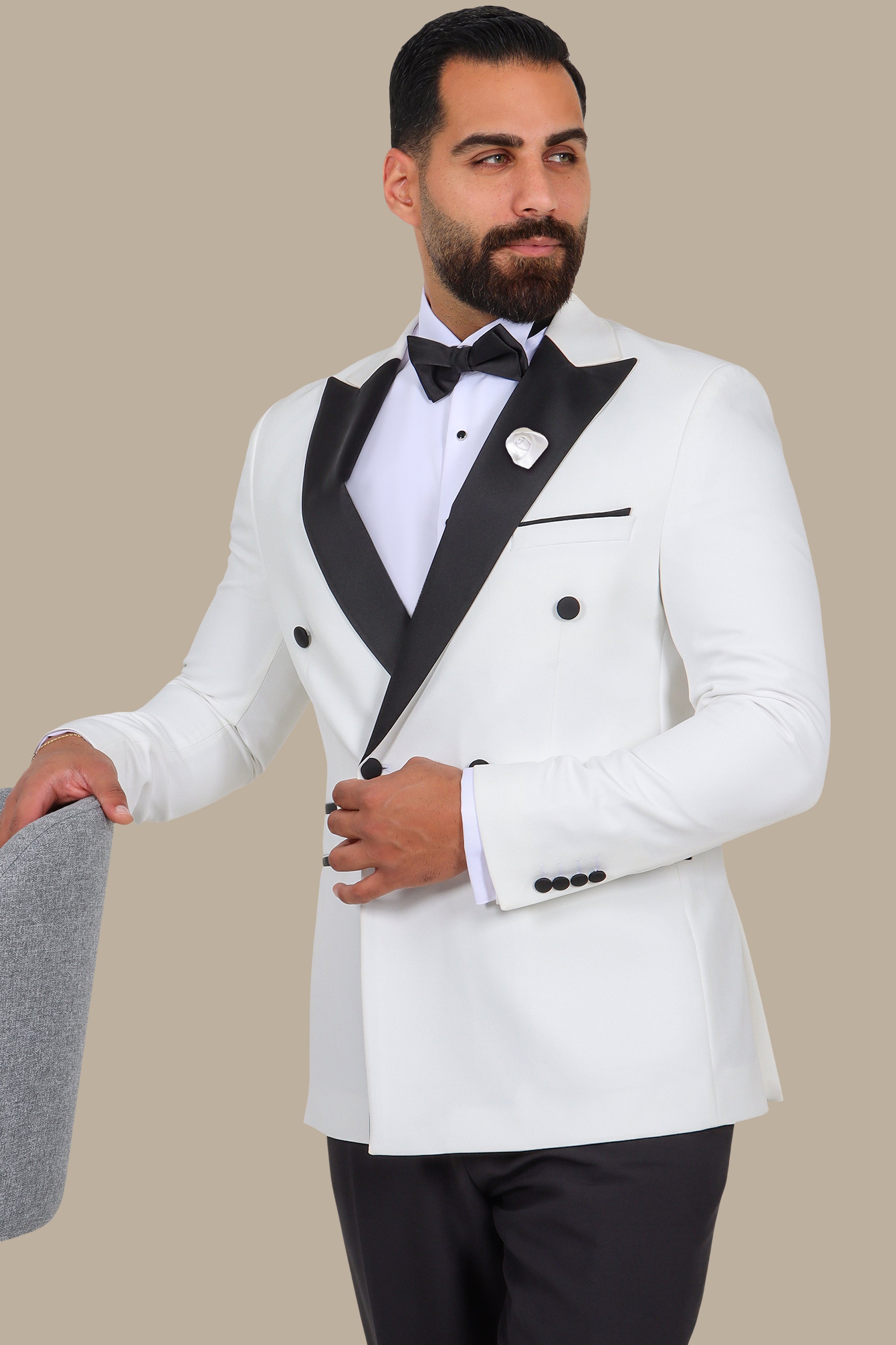 3-Piece Tuxedo Double-Breasted 4-Button Peak Lapel White with Black Satin