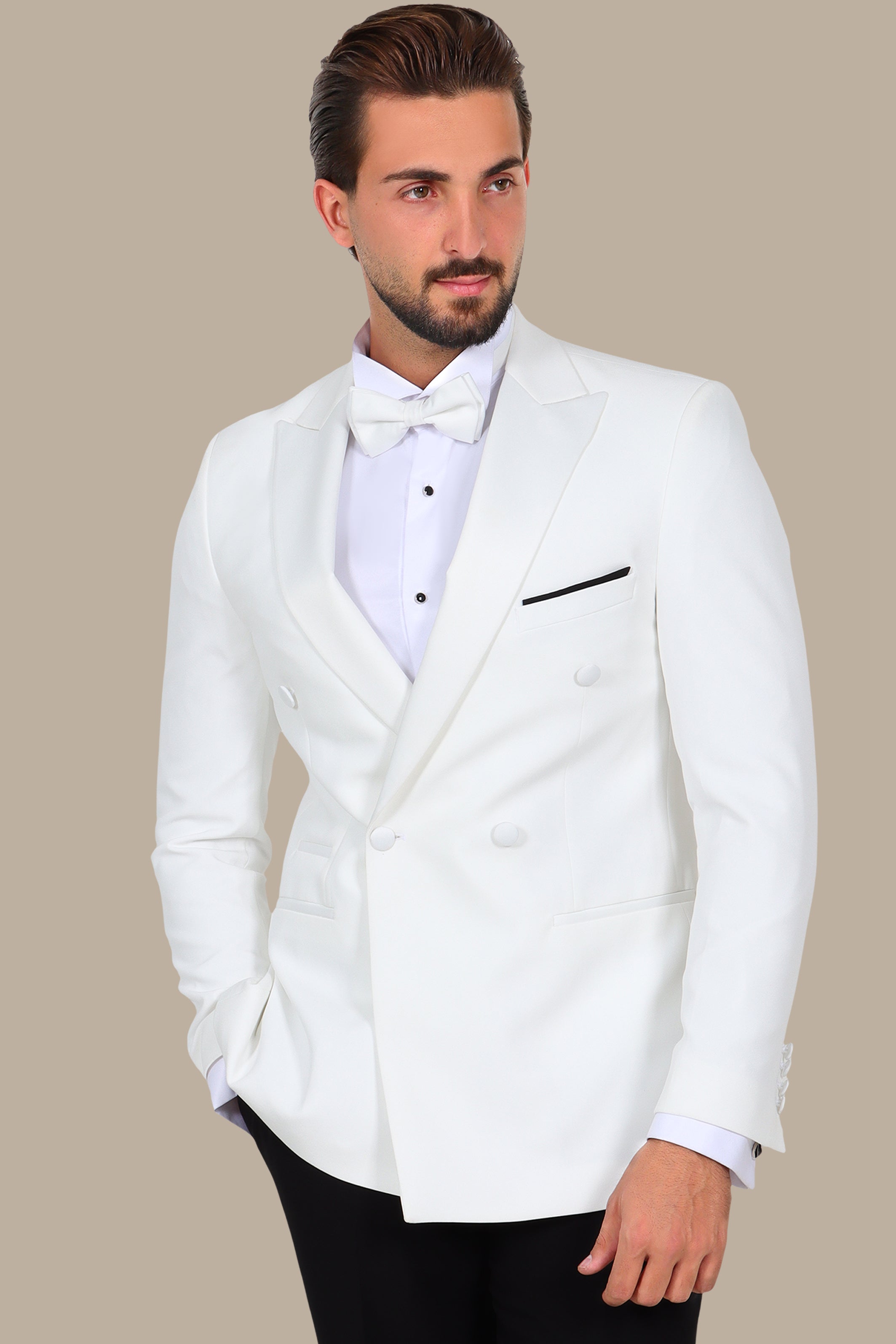 White Double Breasted Tuxedo 4 Buttons Peak Lapel