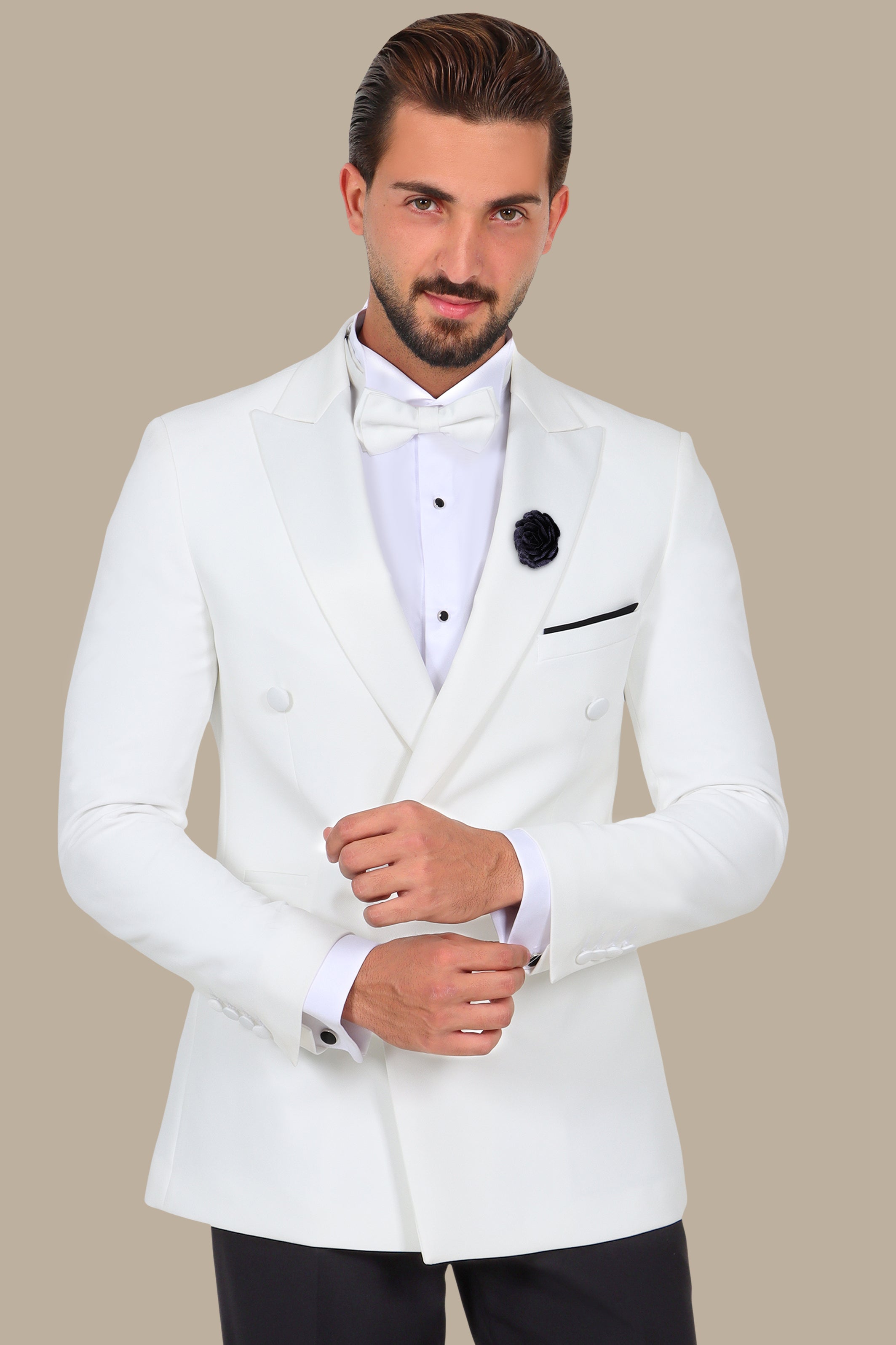 White Double Breasted Tuxedo 4 Buttons Peak Lapel