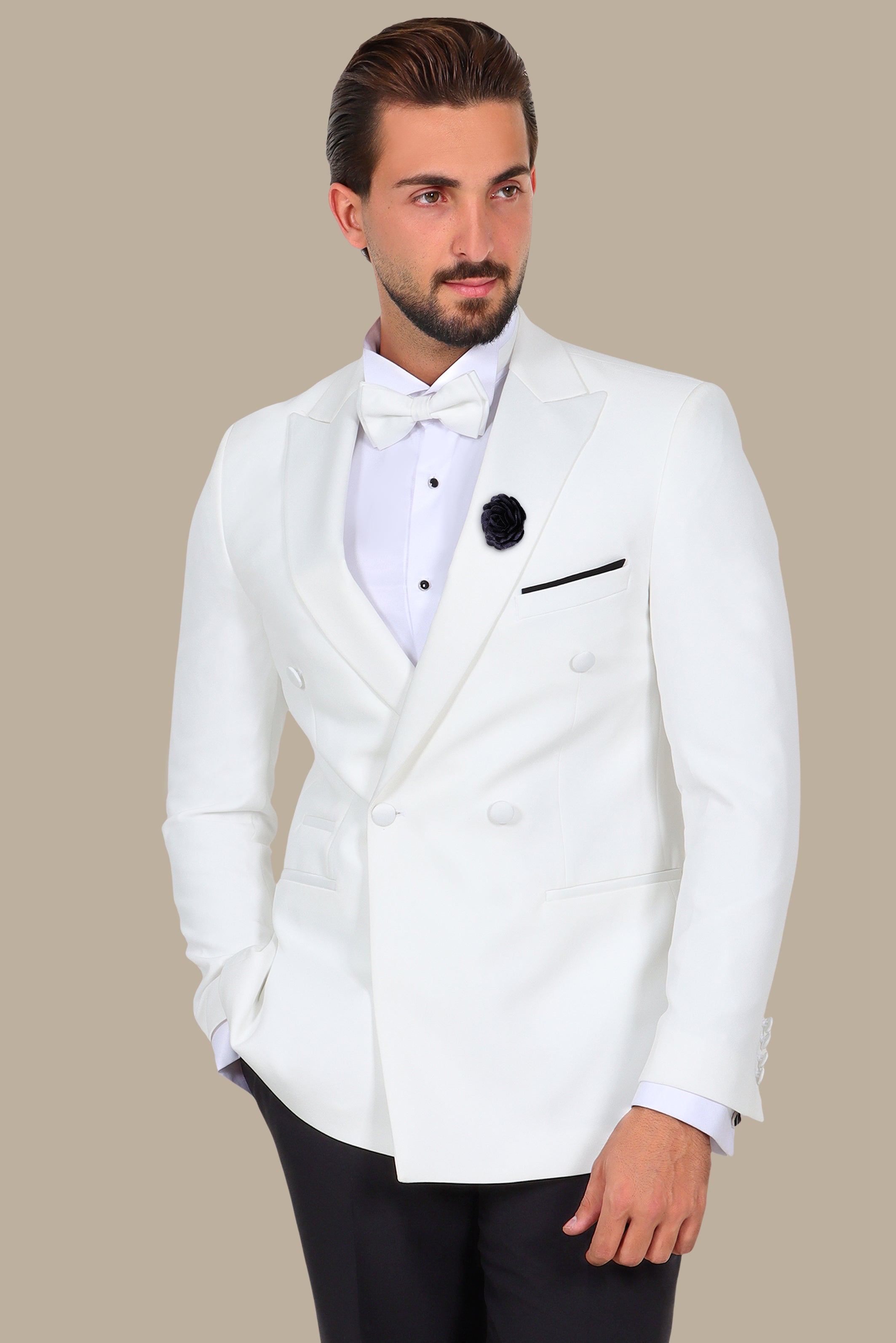 White Double Breasted Tuxedo 4 Buttons Peak Lapel