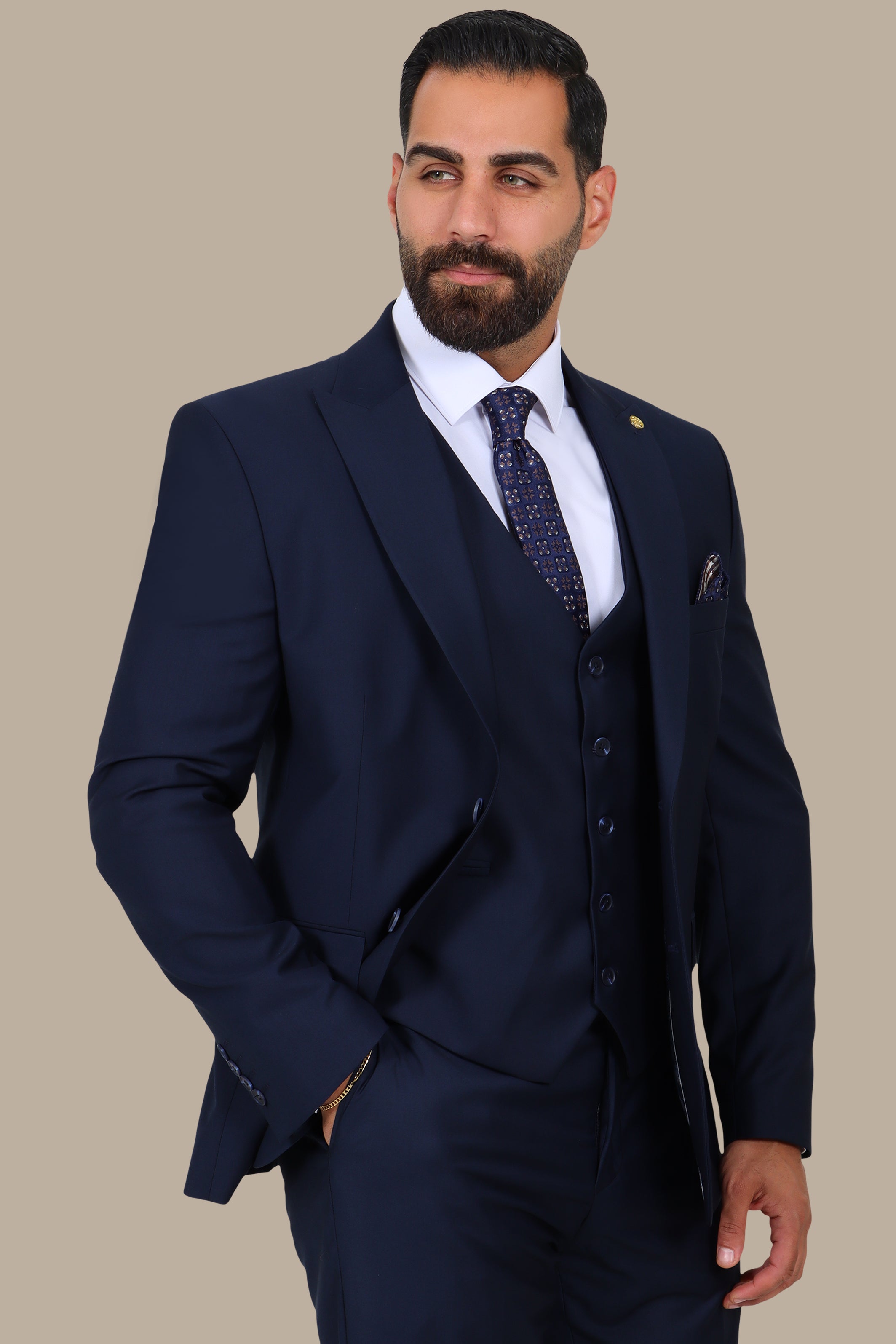 Navy Blue 3-Piece Peak Lapel Suit