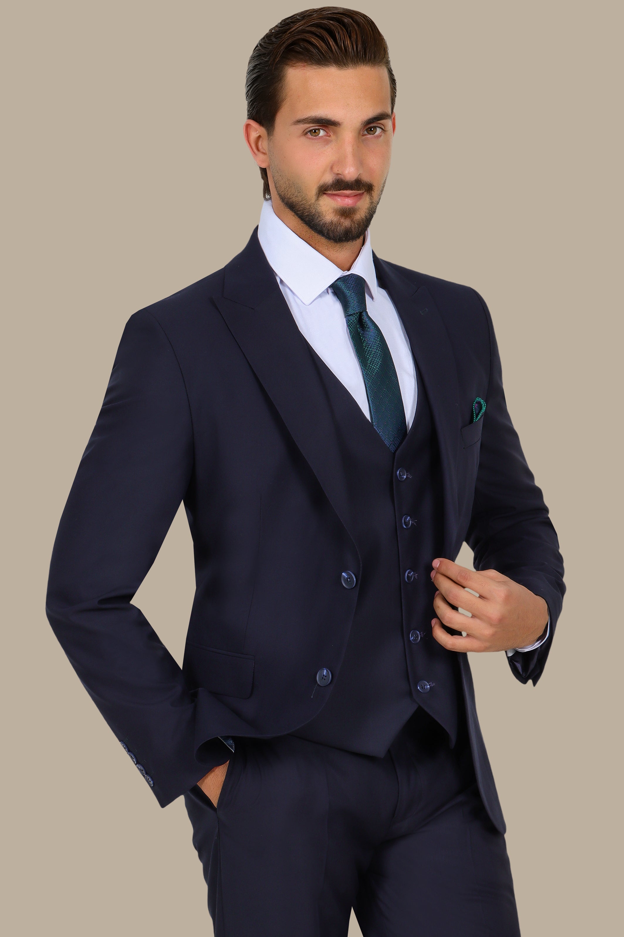 Dark Navy 3-Piece Peak Lapel Suit