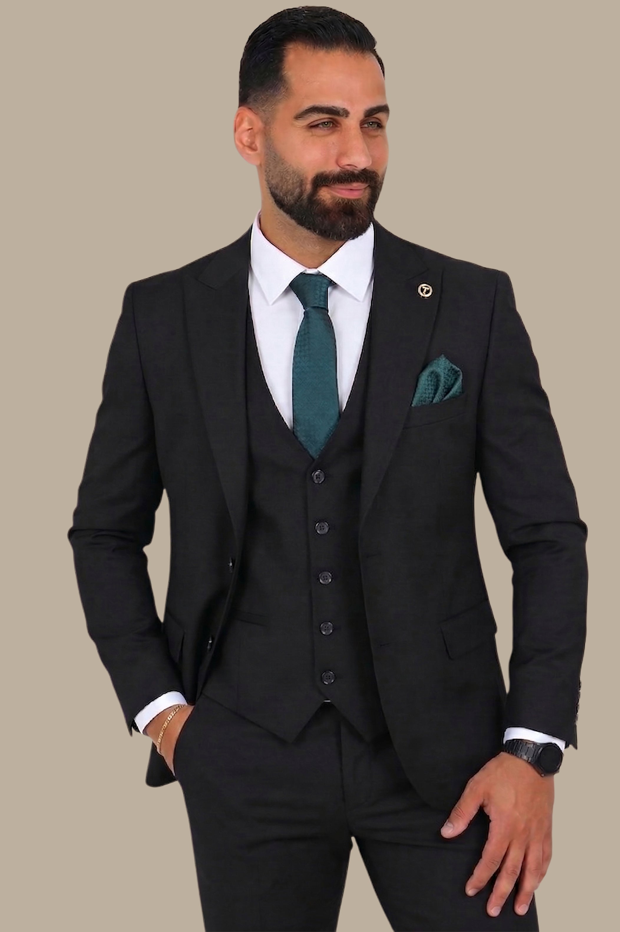 Black 3-Piece Peak Lapel Suit