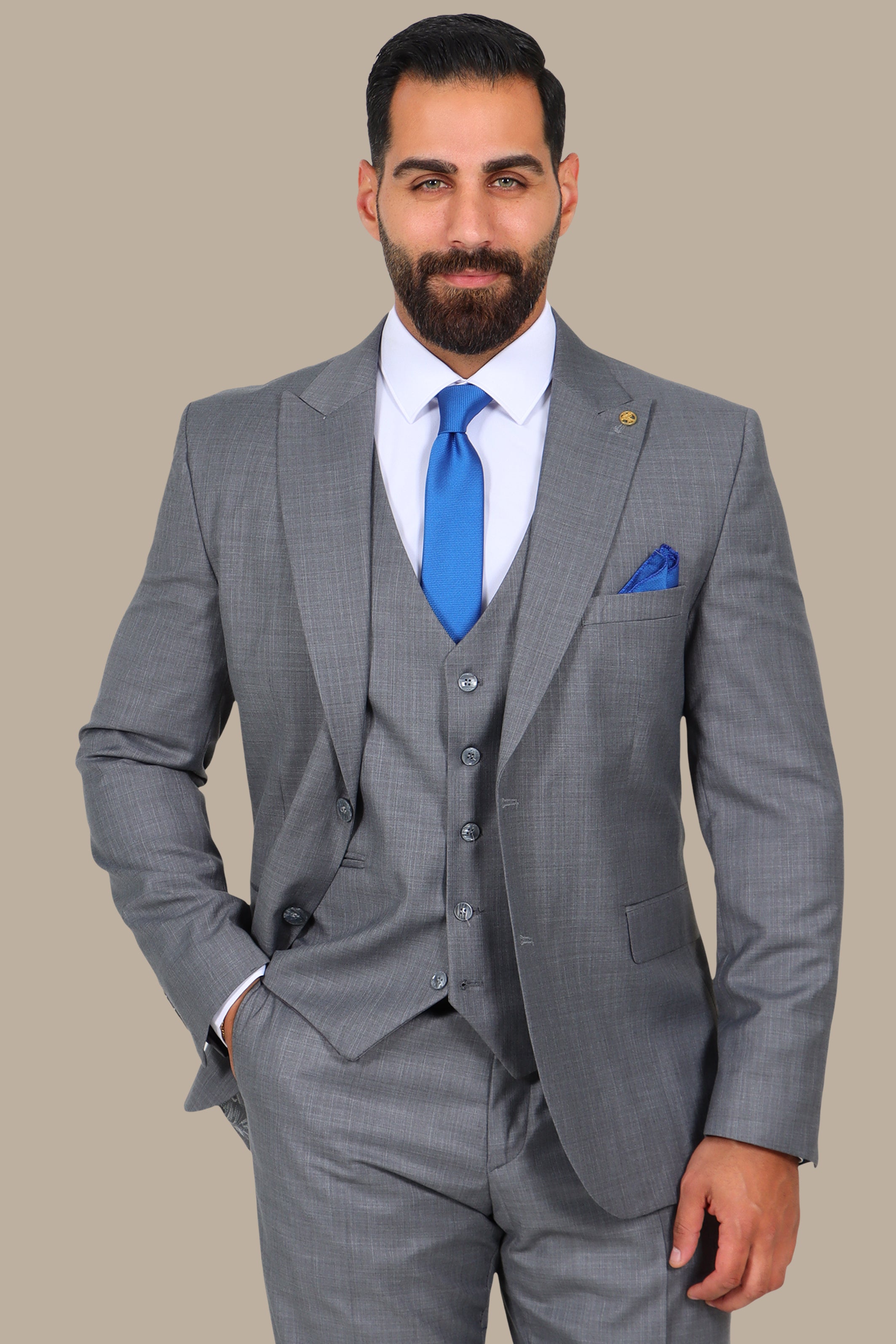 Grey 3-Piece Fil à Fil Peak Lapel Suit