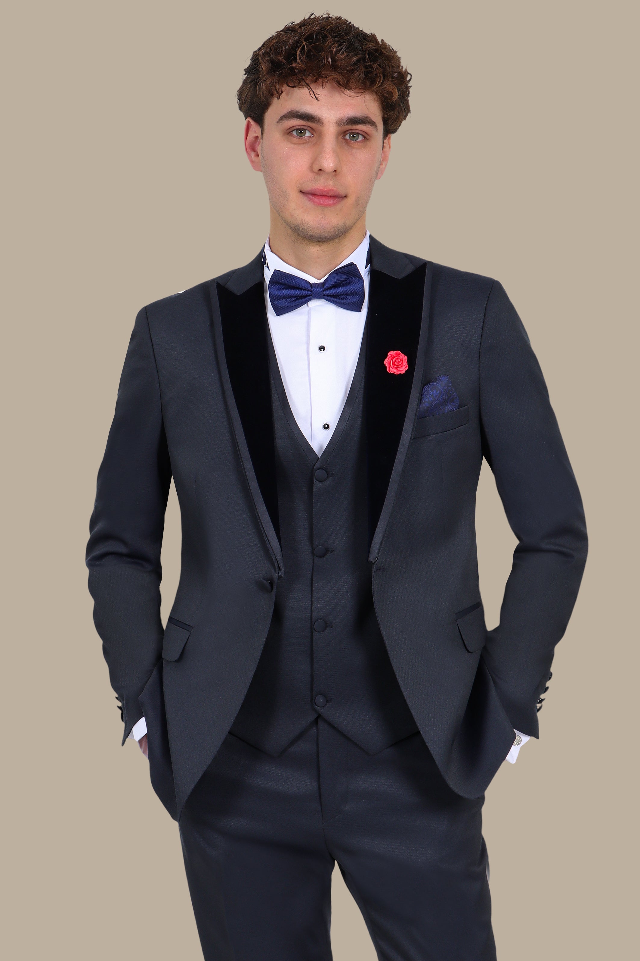 3 Pieces Tuxedo Diamond Pattern Velvet Peak Lapel Navy