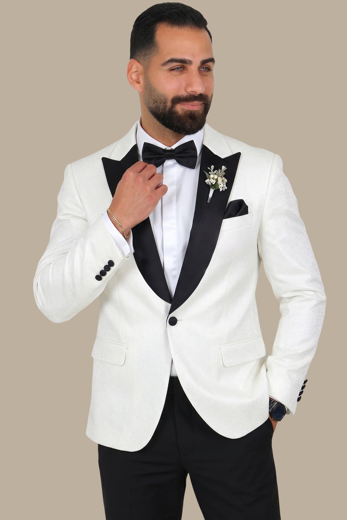 White Elegance Tuxedo with Wide Curved Peak Lapel