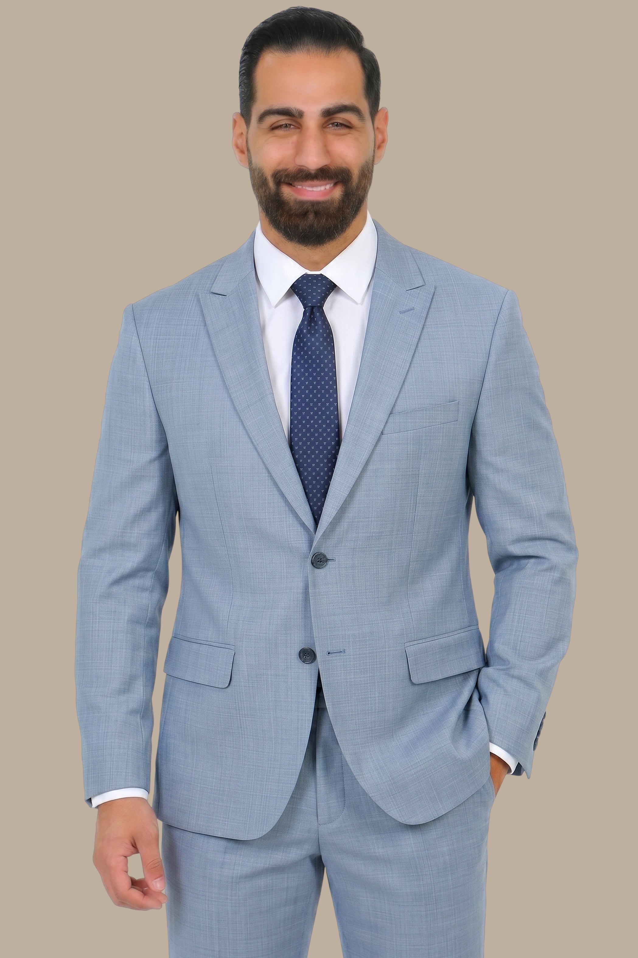 Light Blue Fil-à-Fil Peak Lapel Suit