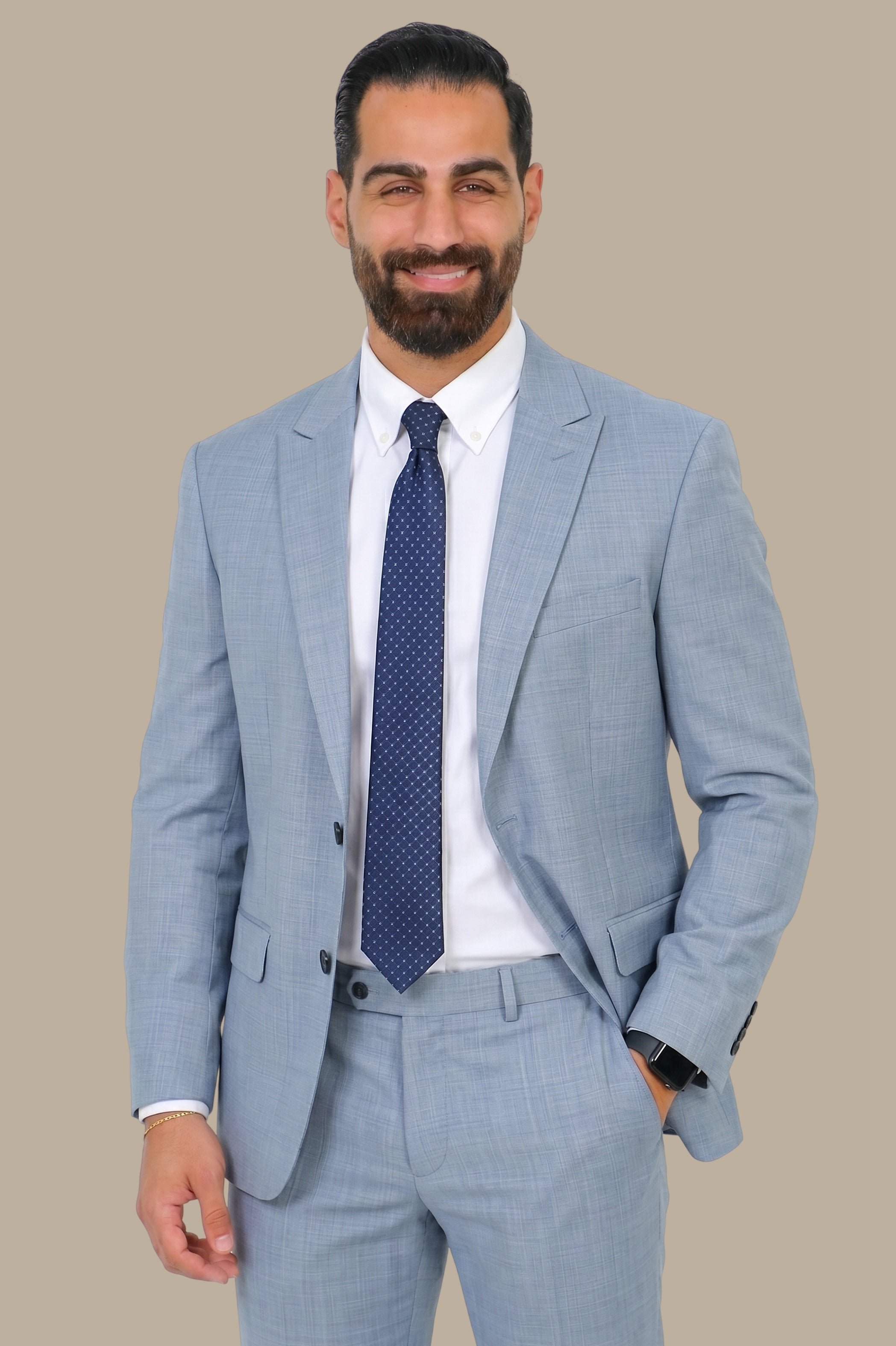 Light Blue Fil-à-Fil Peak Lapel Suit