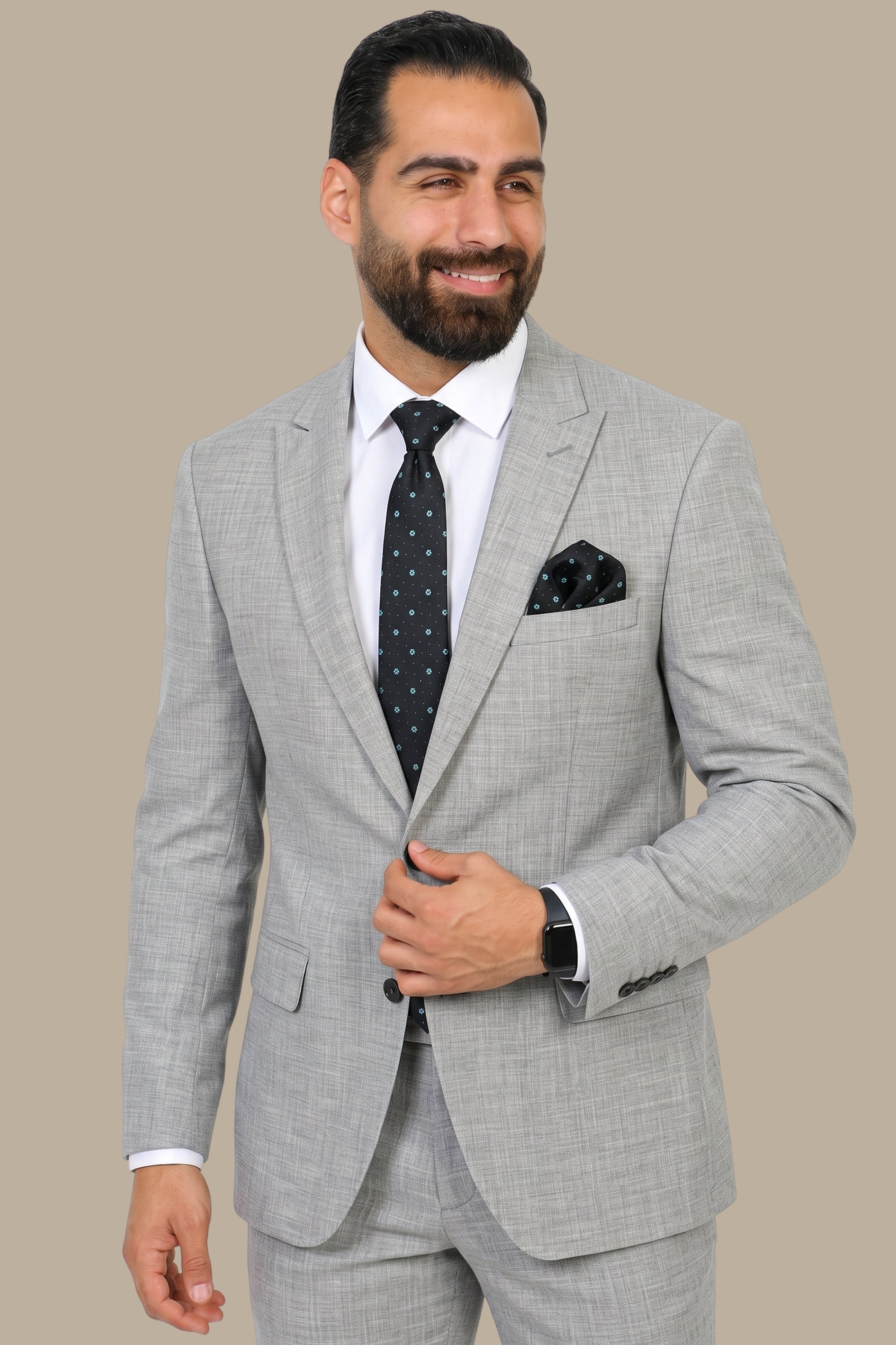 Grey Fil-à-Fil Peak Lapel Suit