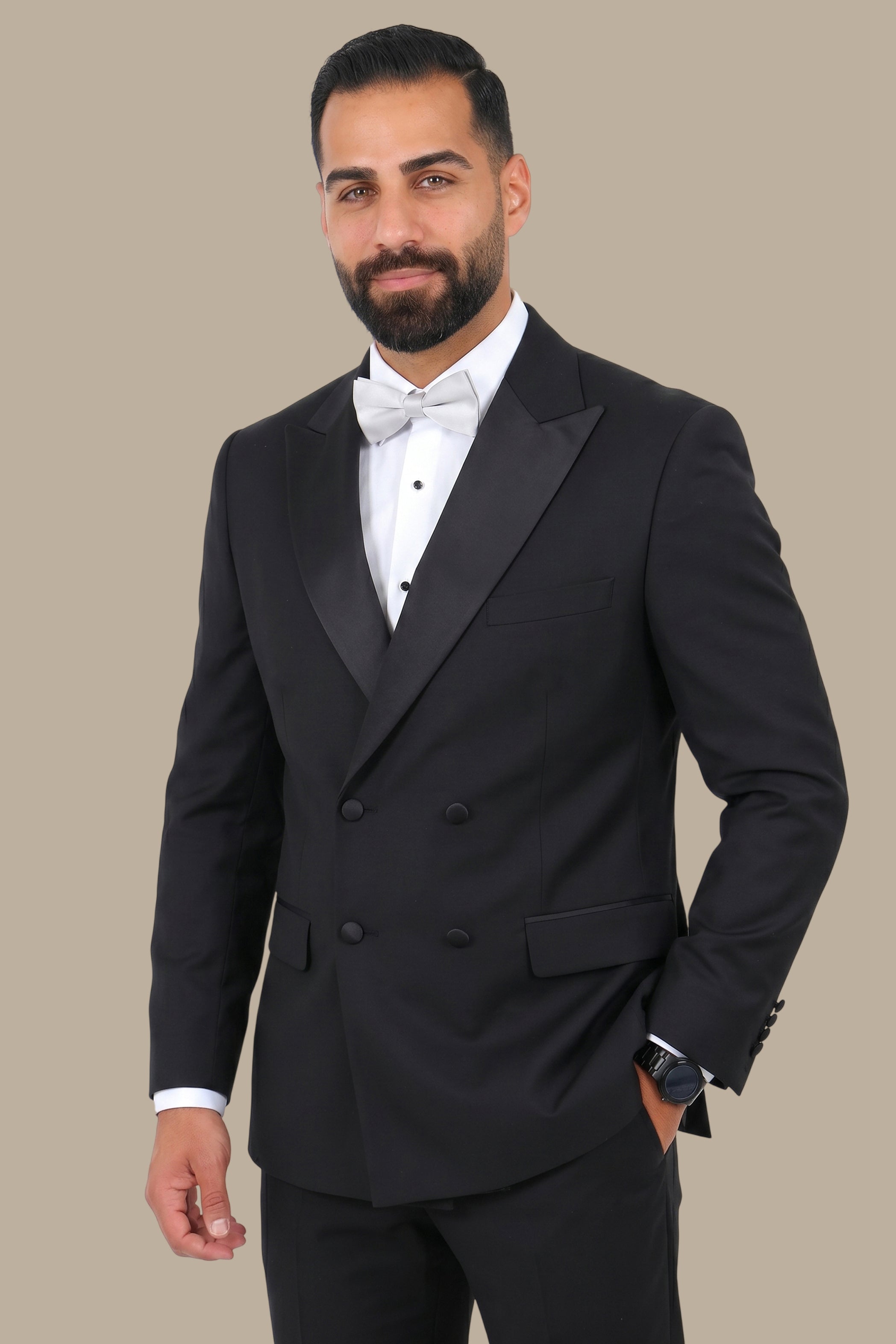 Tuxedo Double Breasted 4 Buttons Wide Peak Lapel – Black