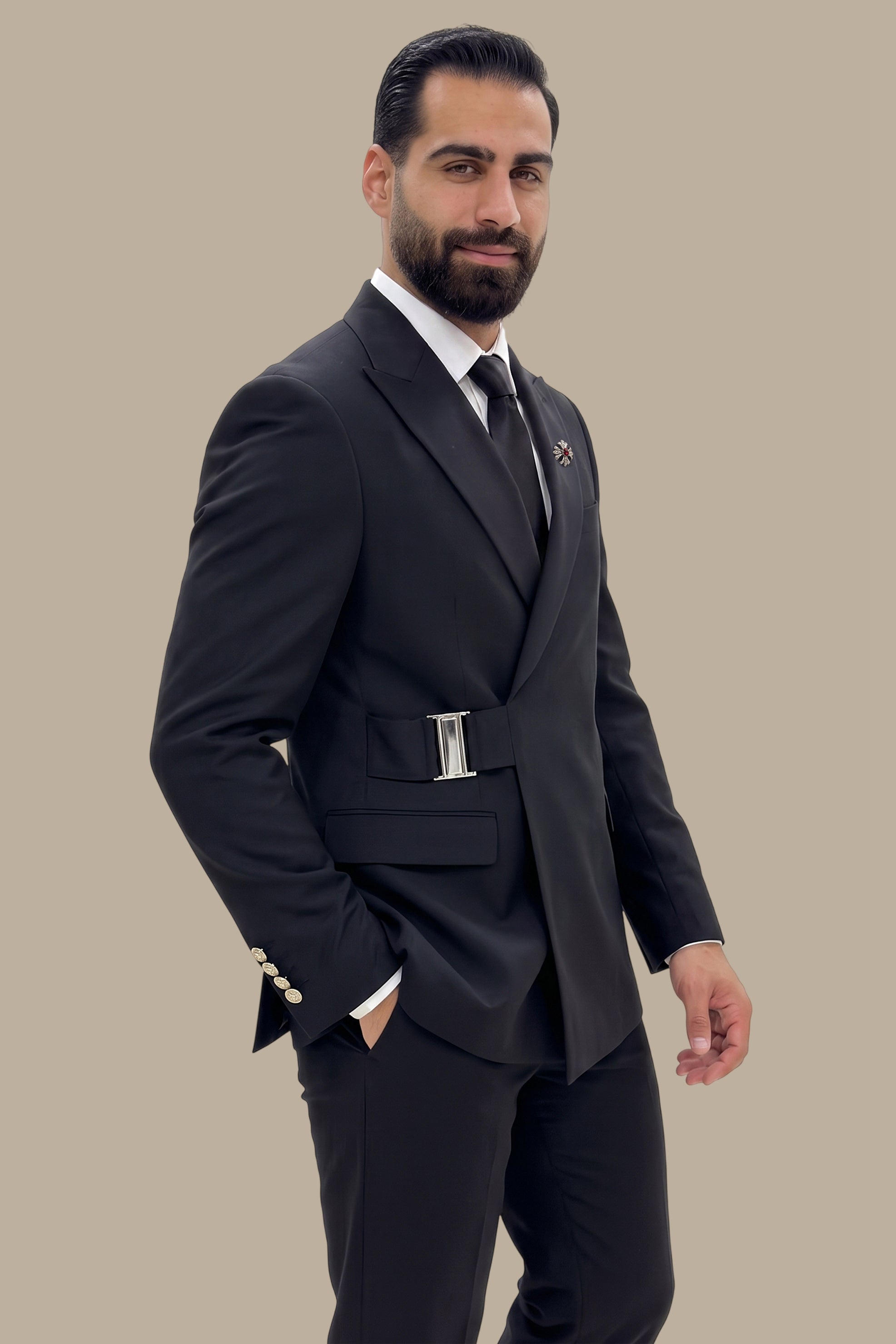 Side Buckle Peak Lapel Suit