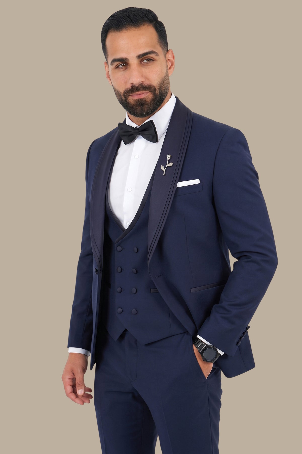 Navy 4-Piece Bord-à-Bord Pleated Shawl Collar Tuxedo