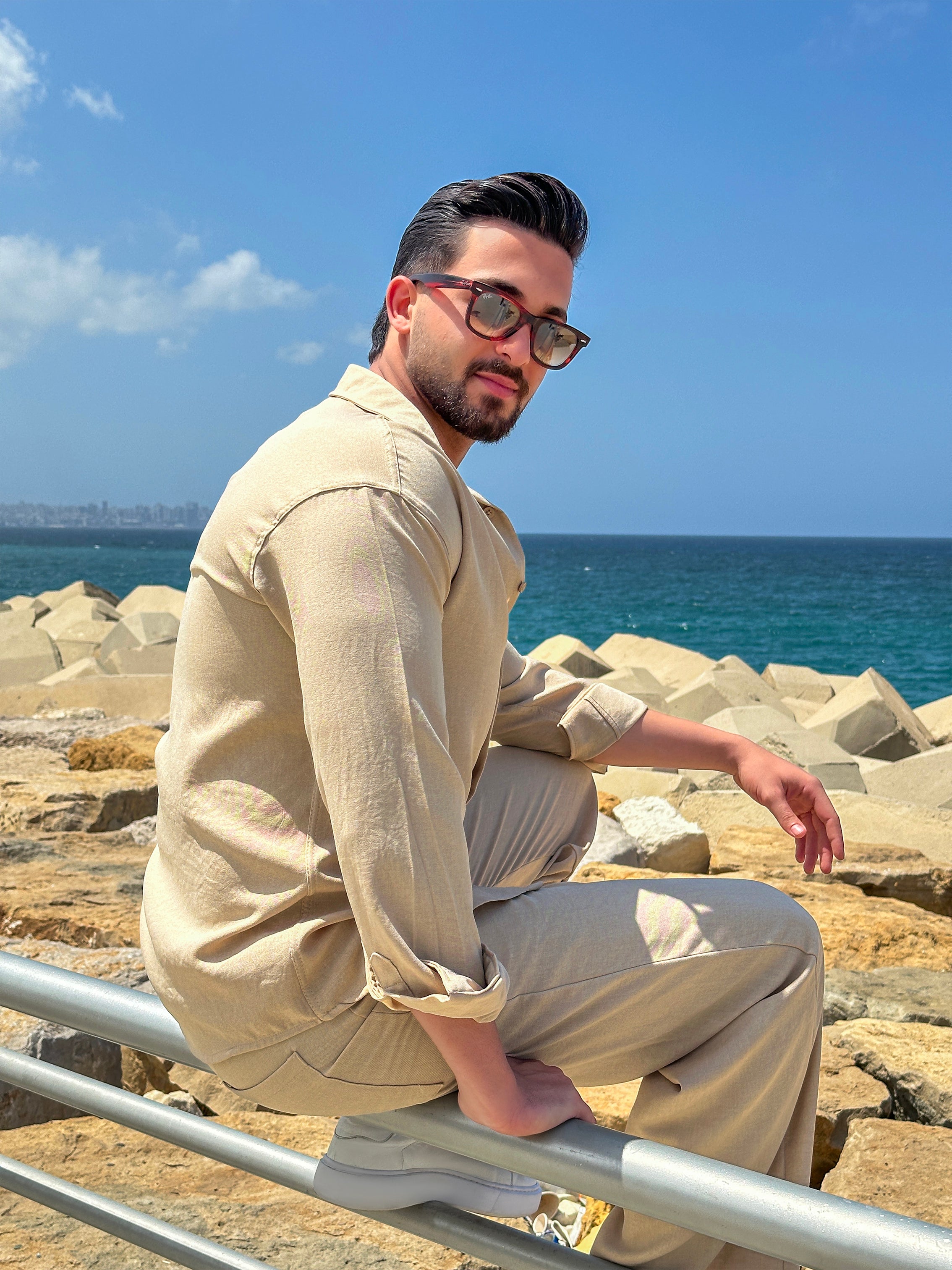 Beige Linen Loose Long Sleeve Tracksuit