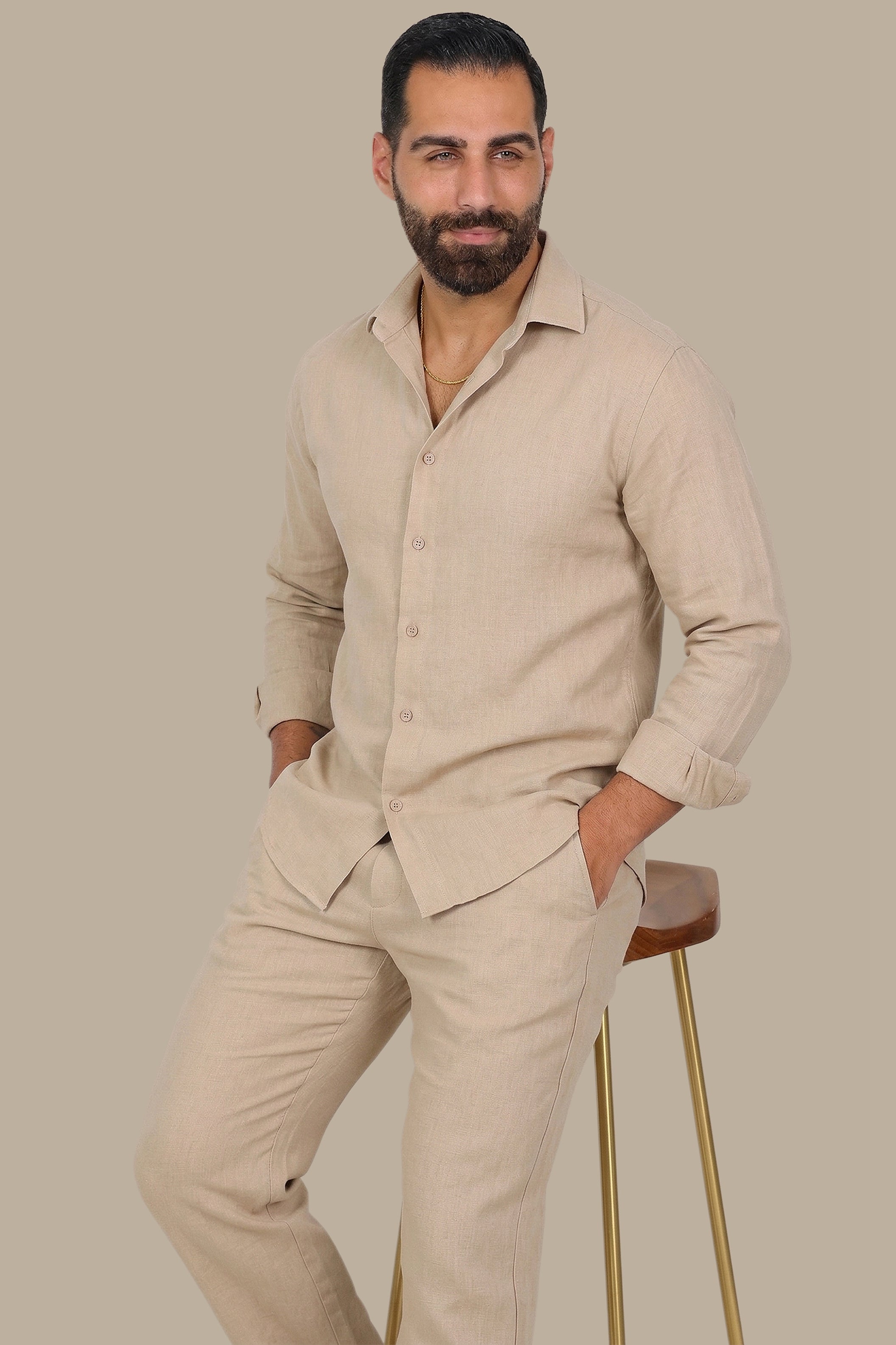 Beige Linen Loose Long Sleeve Tracksuit