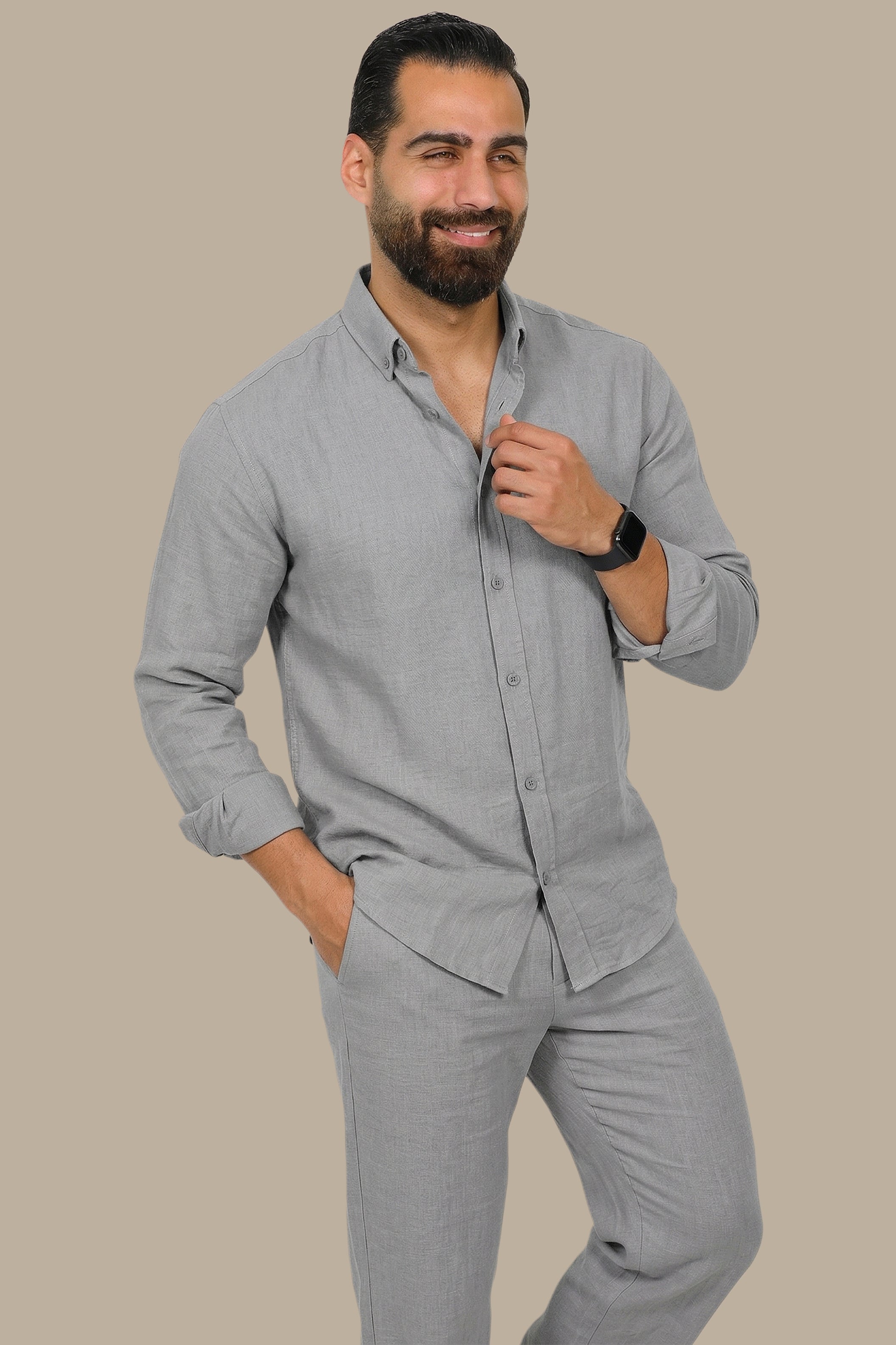 Grey Linen Loose Long Sleeve Tracksuit