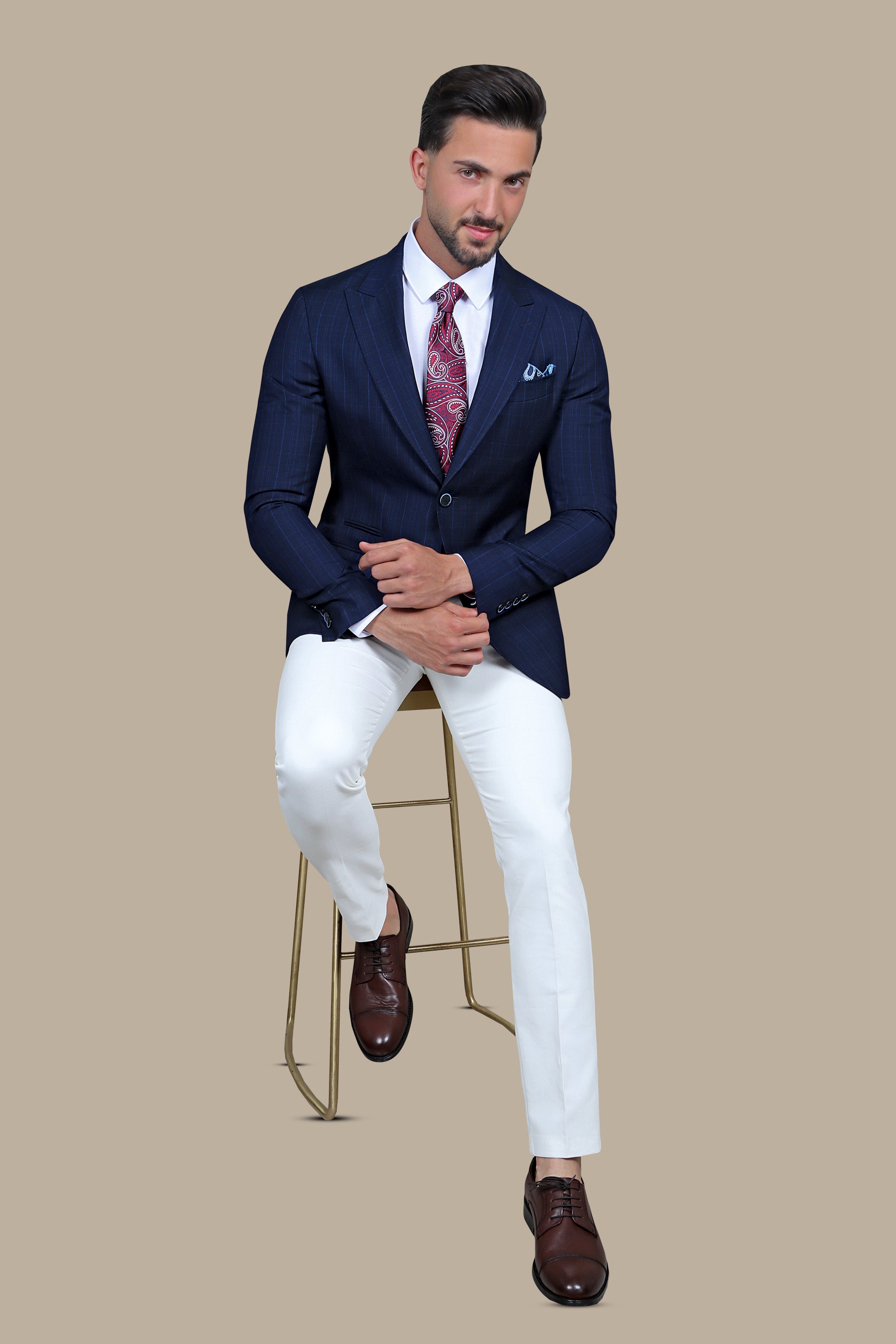 Checked Peak Blazer – Navy