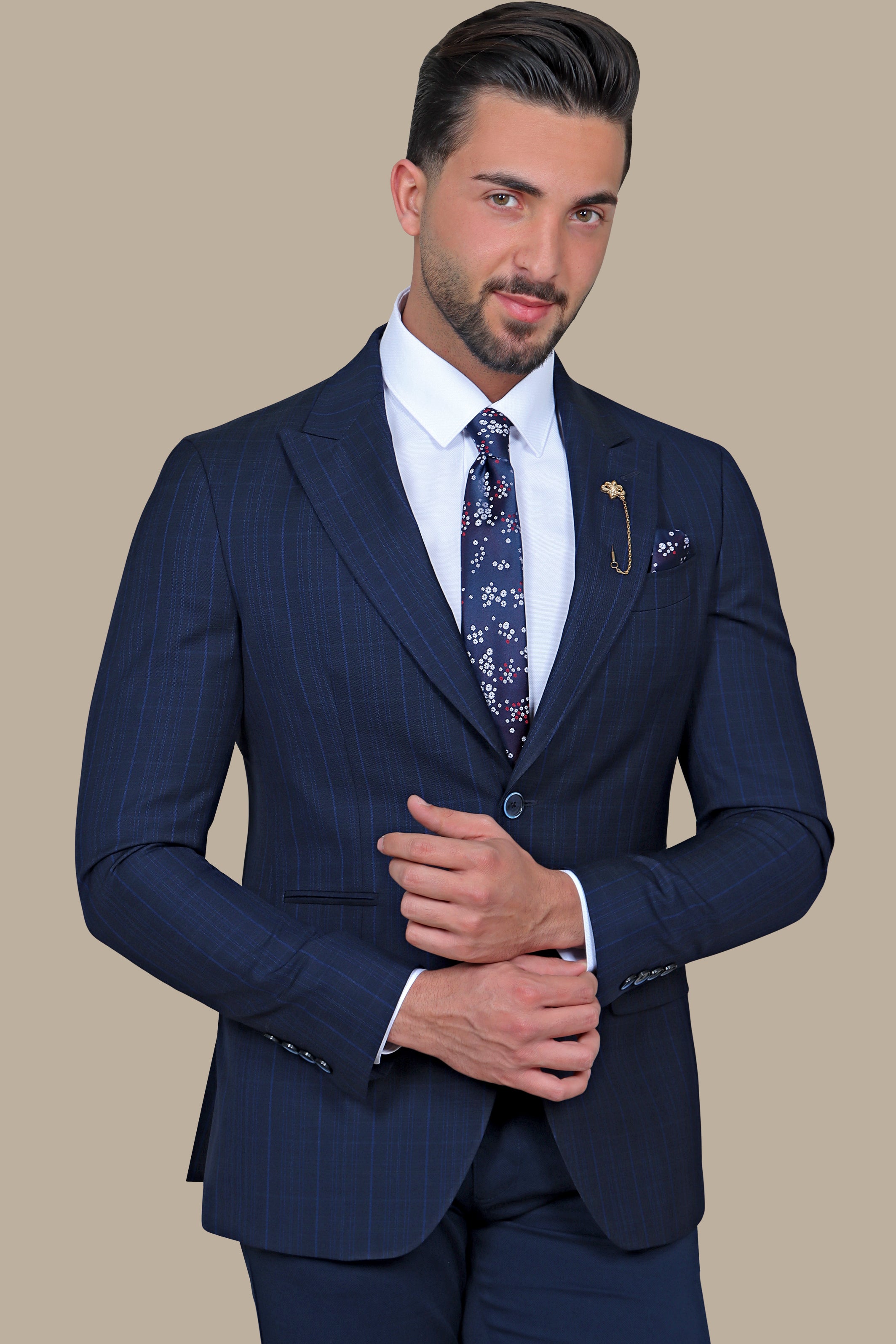 Checked Peak Blazer – Navy