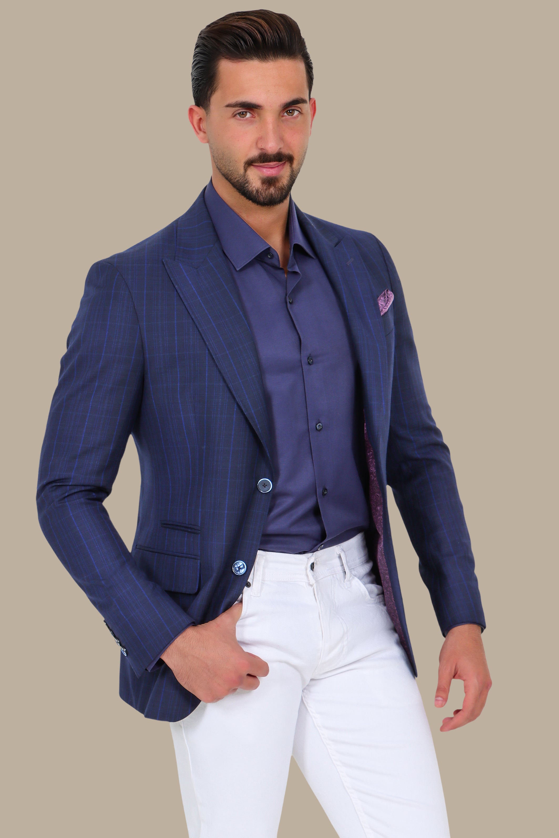 Checked Peak Blazer – Navy
