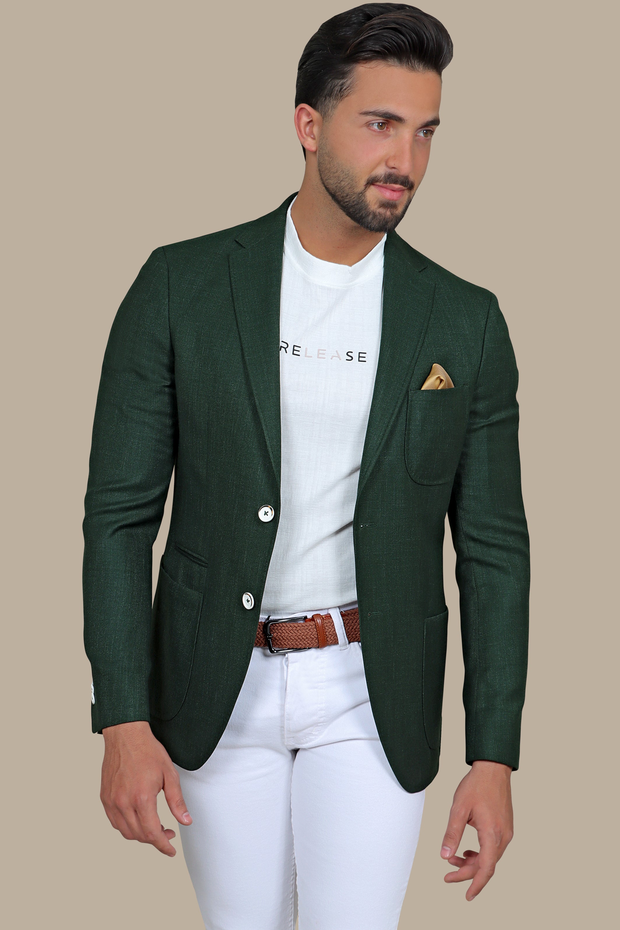 Khaki Structured Blazer with 3 Patch Pocket