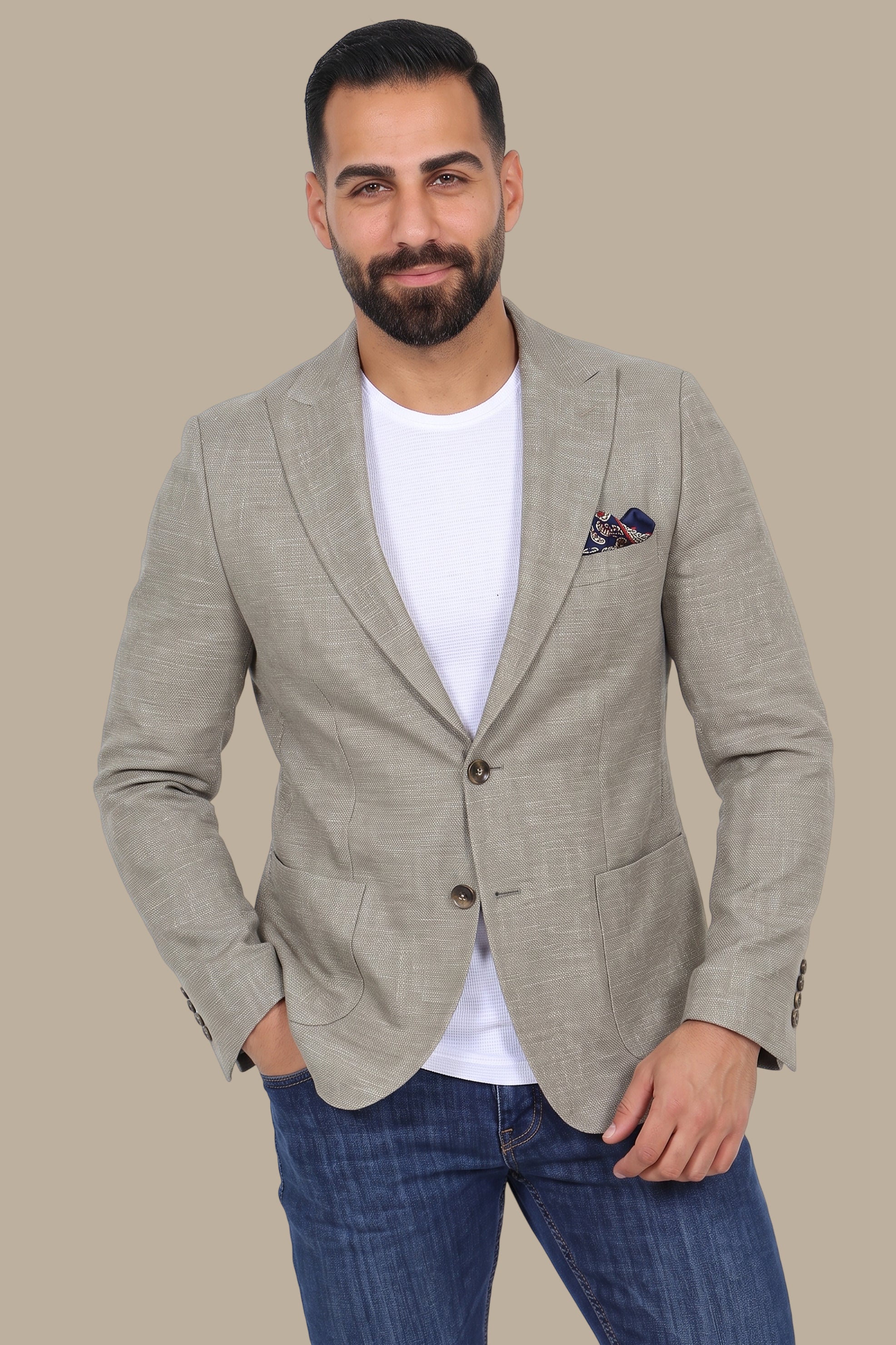 Olive Cotton Fil-a-Fil Blazer with Peak Lapel
