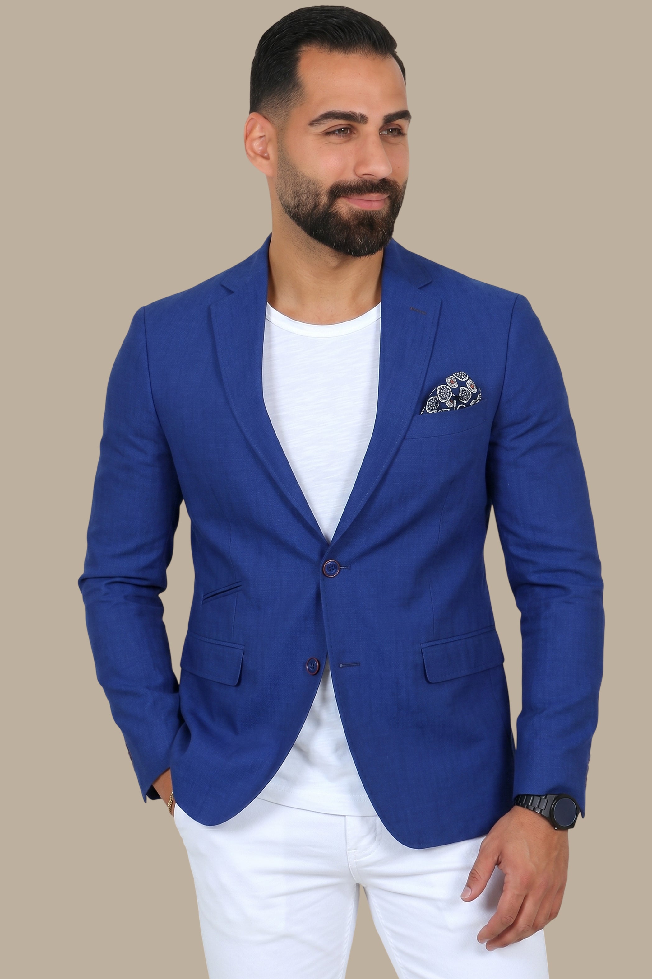 Indigo Elegance: Linen Blazer with Slanted Detail