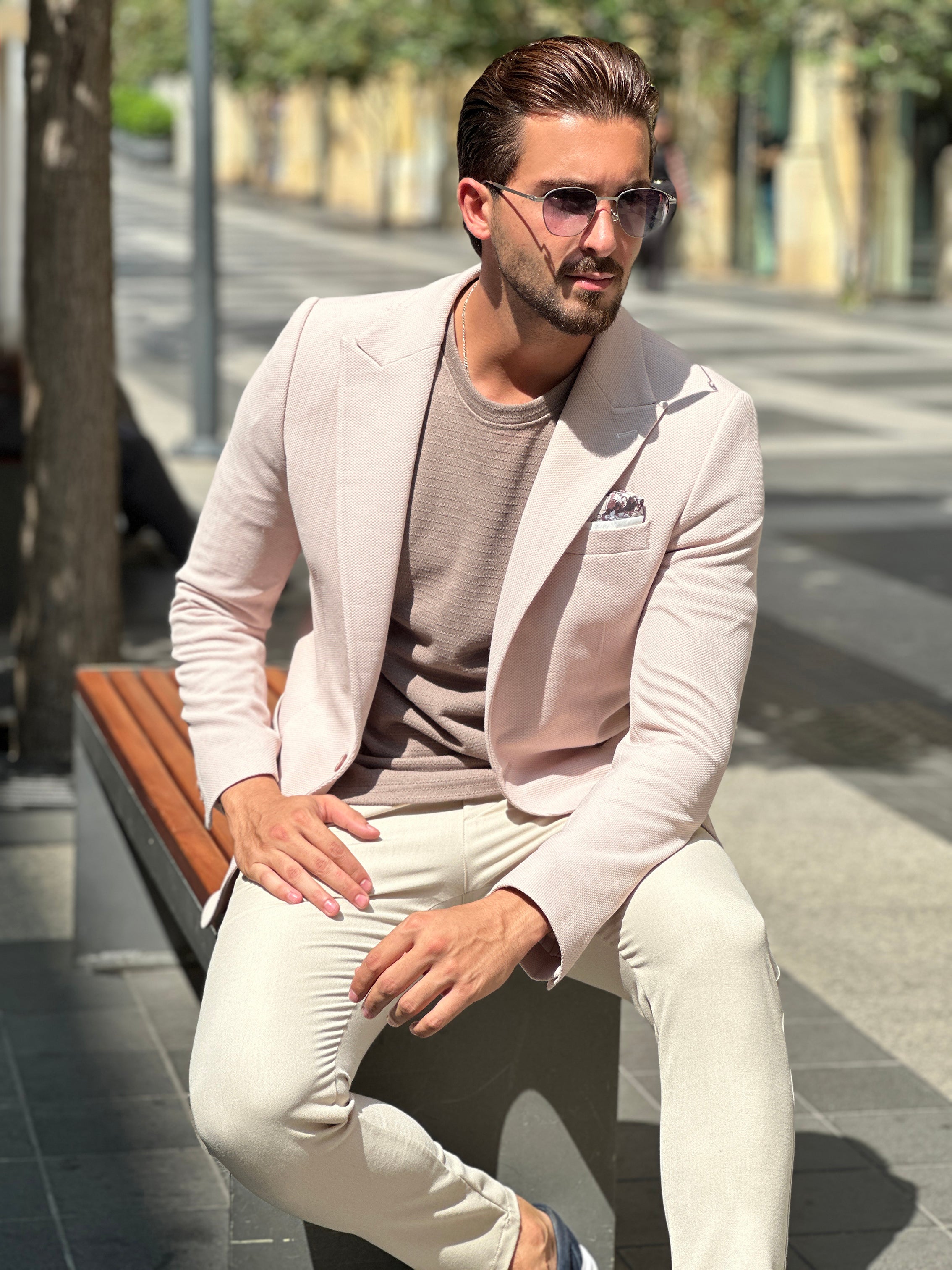 Classic Chic: Beige Structured Peak Lapel Blazer