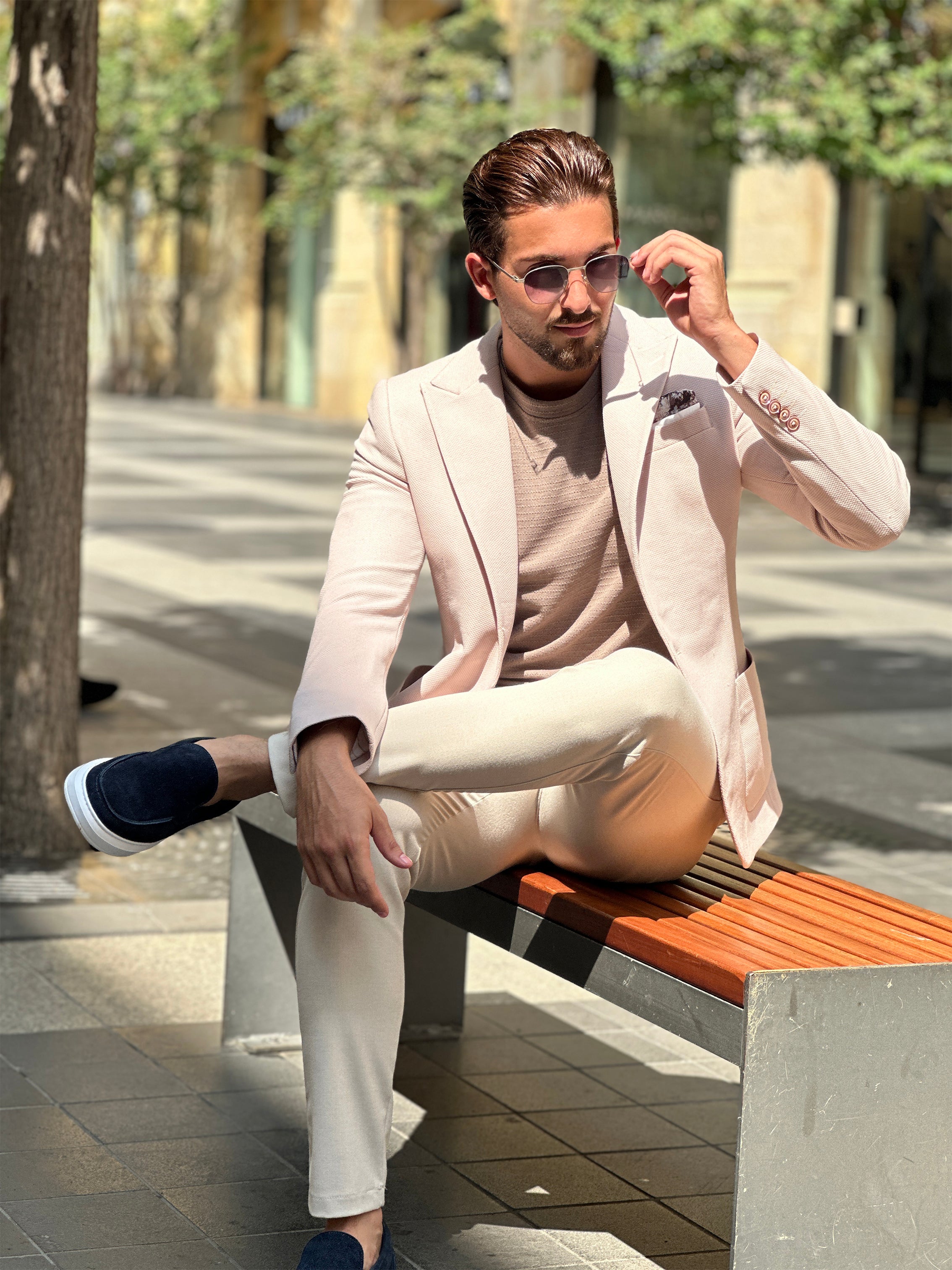 Classic Chic: Beige Structured Peak Lapel Blazer