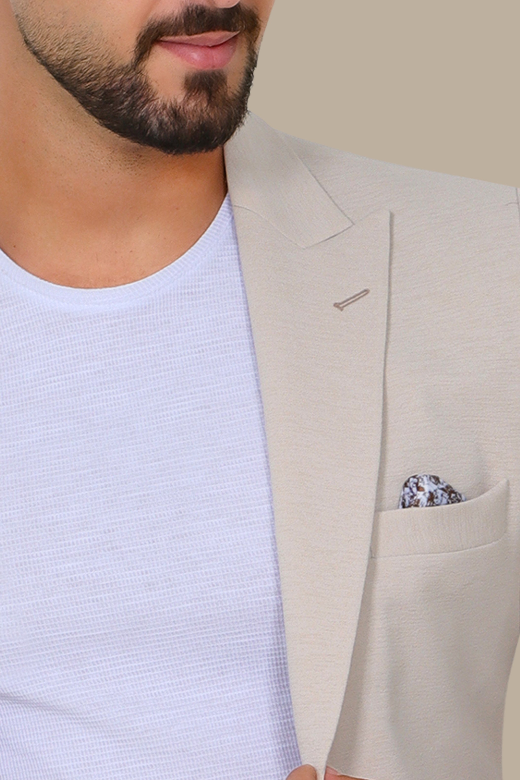 Desert Sands: The Beige Stretch Peak Blazer with Patch Pockets