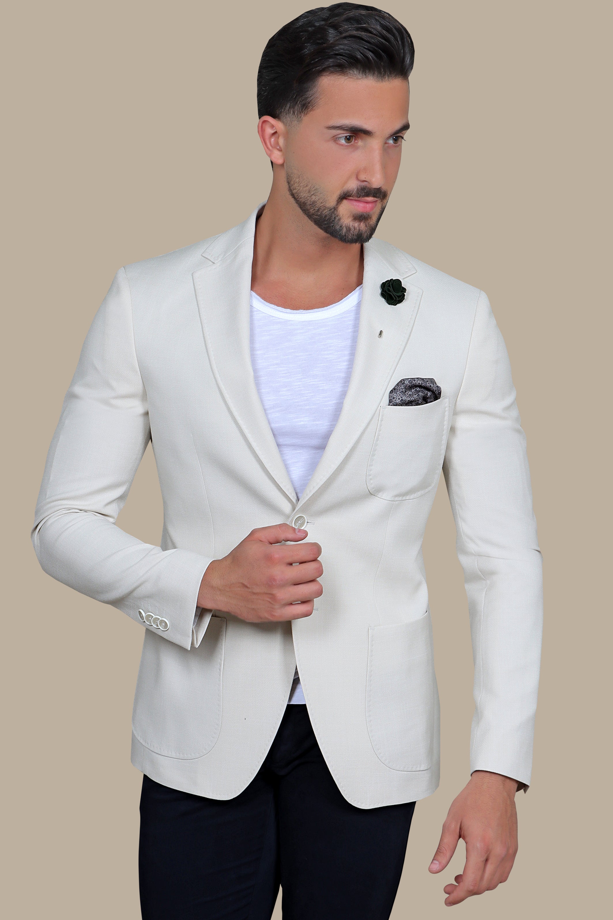 Beige Slim Fit Blazer with Up & Down Notch Patch