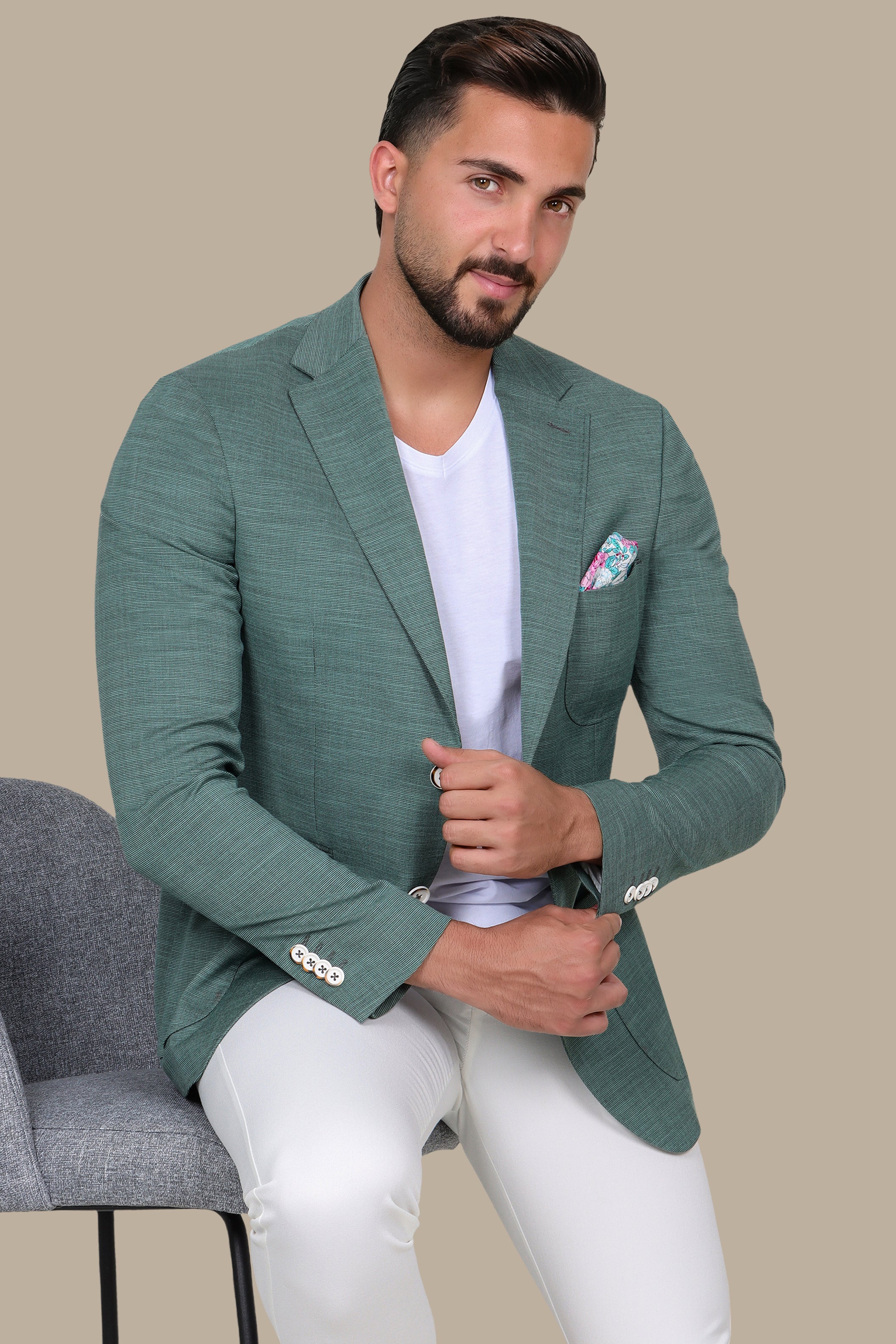 Green Slim Fit Blazer with Notch Lapel