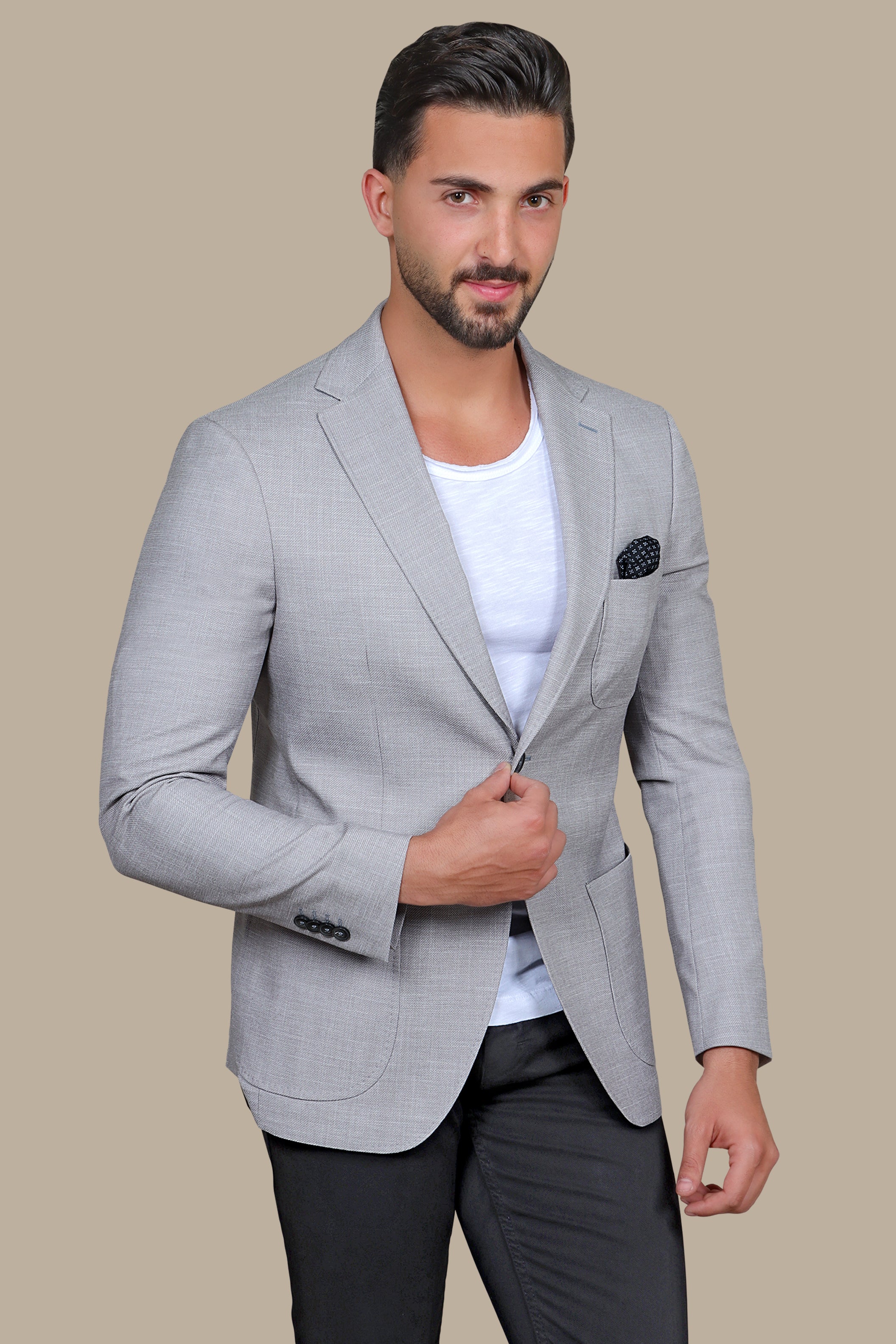 Light Grey Slim Fit Blazer with Up & Down Notch Patch