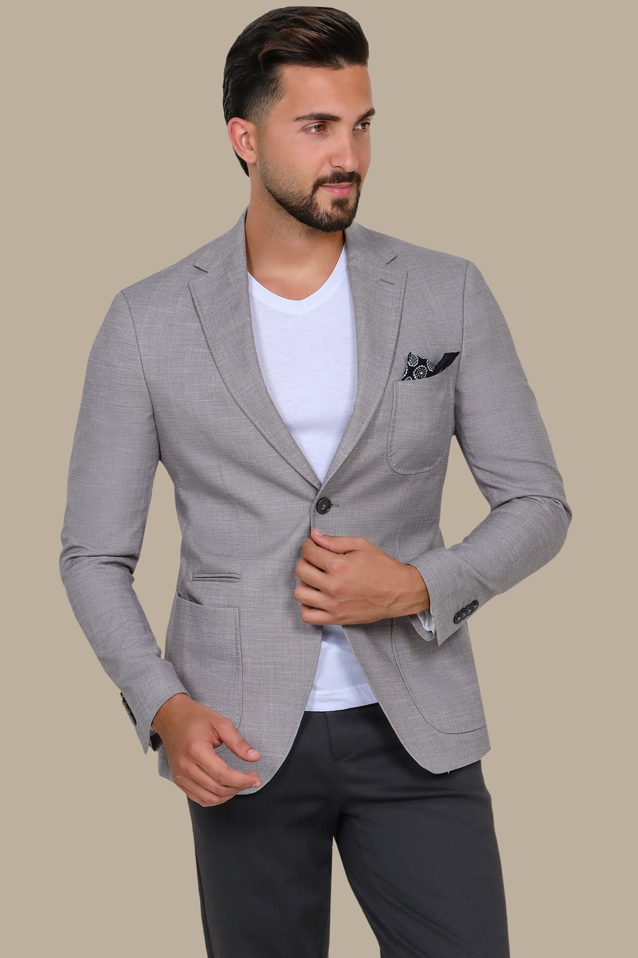 Light Grey Slim Fit Blazer with Up & Down Notch Patch