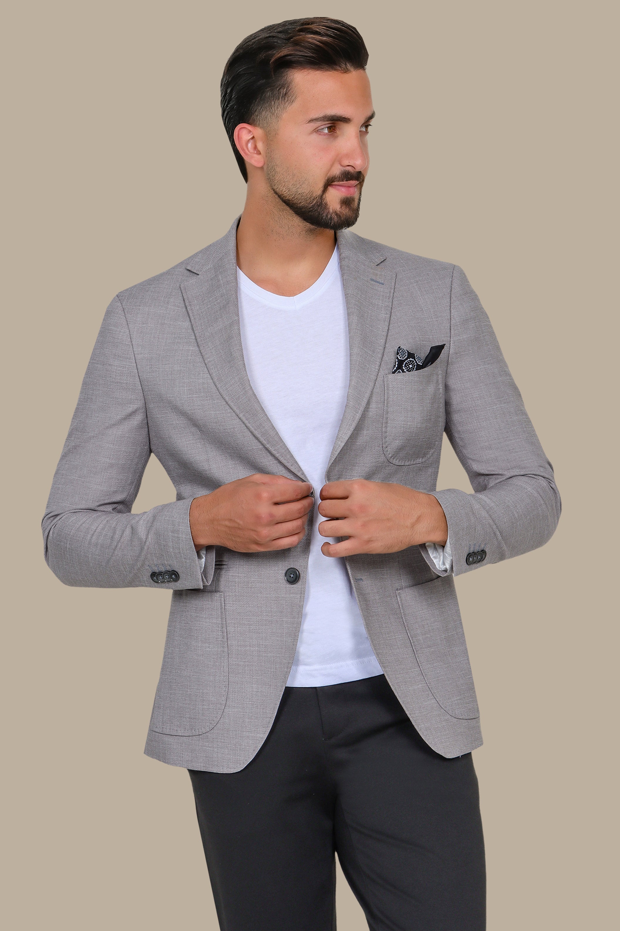 Light Grey Slim Fit Blazer with Up & Down Notch Patch
