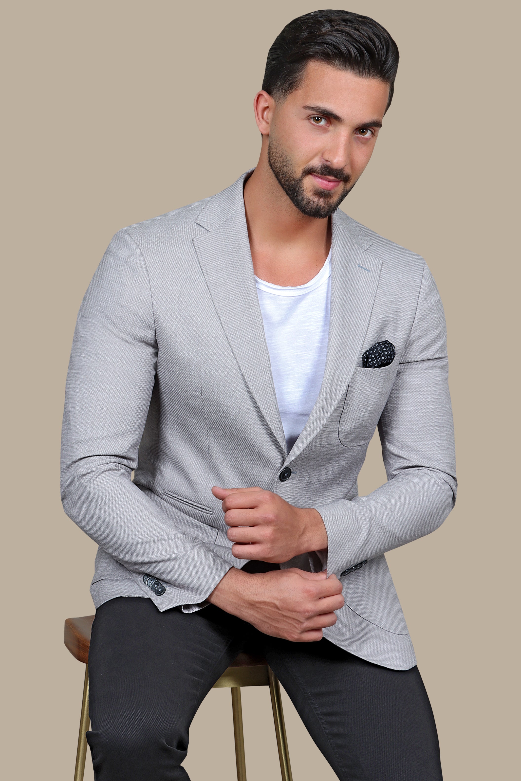 Light Grey Slim Fit Blazer with Up & Down Notch Patch